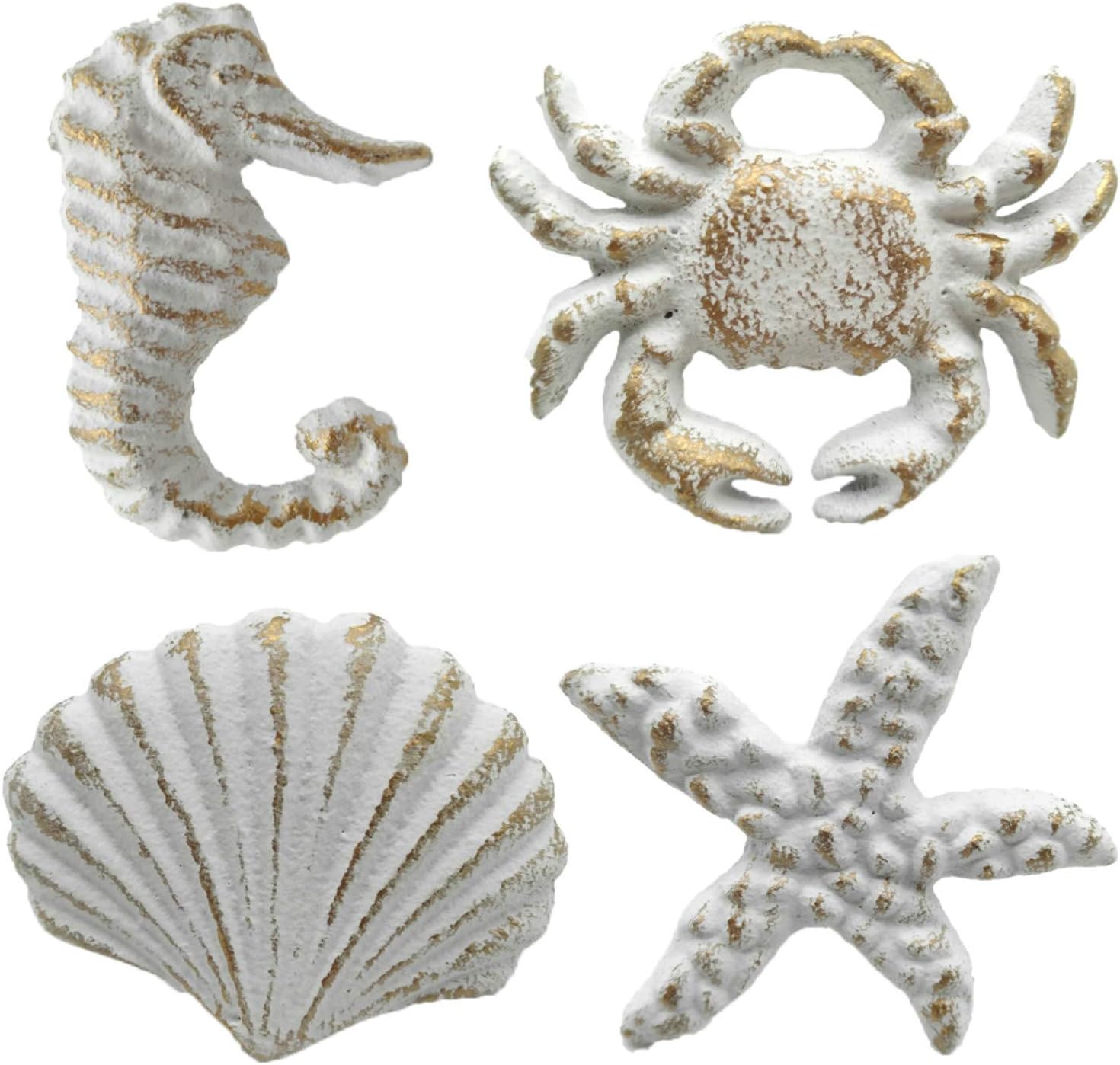 Ocean Cabinet Knobs for Dresser Cupboard Wardrobe Cabinet Kitchen, Distressed Cast Iron Beach Theme Drawer Pulls Handles, Marine Style Nautical Starfish Dresser Knobs, Pack of 4 (White)