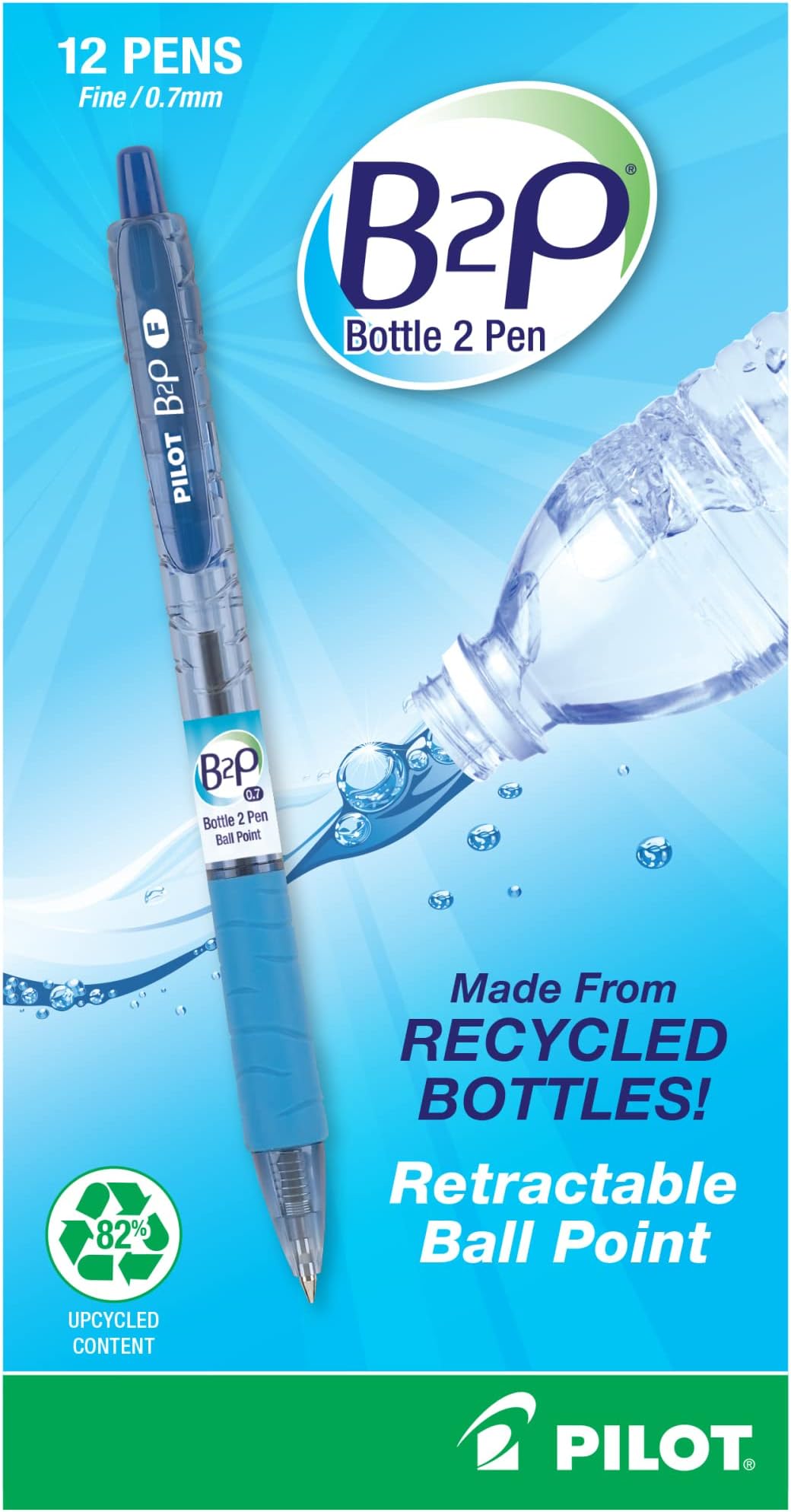 PILOT B2P Bottle 2 Pen Retractable Ballpoint Pens, Fine Point, Blue Ink, Dozen (34601)