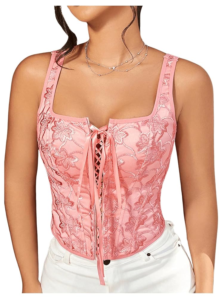 SHENHE Women's Sexy Lace Up Corset Top Floral Embroidered