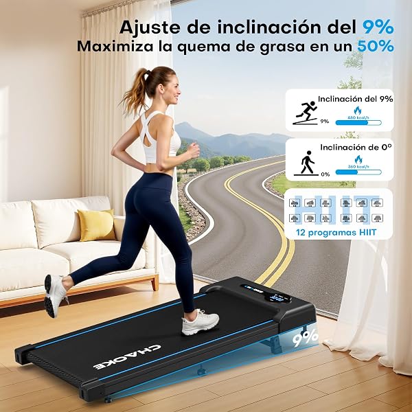 Cinta de Correr CHAOKE Walking Pad con inclinación del 9%, Cinta de Correr bajo Escritorio a 10 km/h, Motor silencioso de 2,75 CV, Capacidad máxima de 150 kg, con 12 programas HIIT y Control Remoto - 2