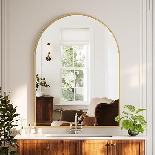 Miniatura 72 de HARRITPURE Espejo de baño arqueado de 20 x 30 pulgadas, espejo de pared, espejo de arco dorado, marco de aleación de aluminio, espejo de baño, sala