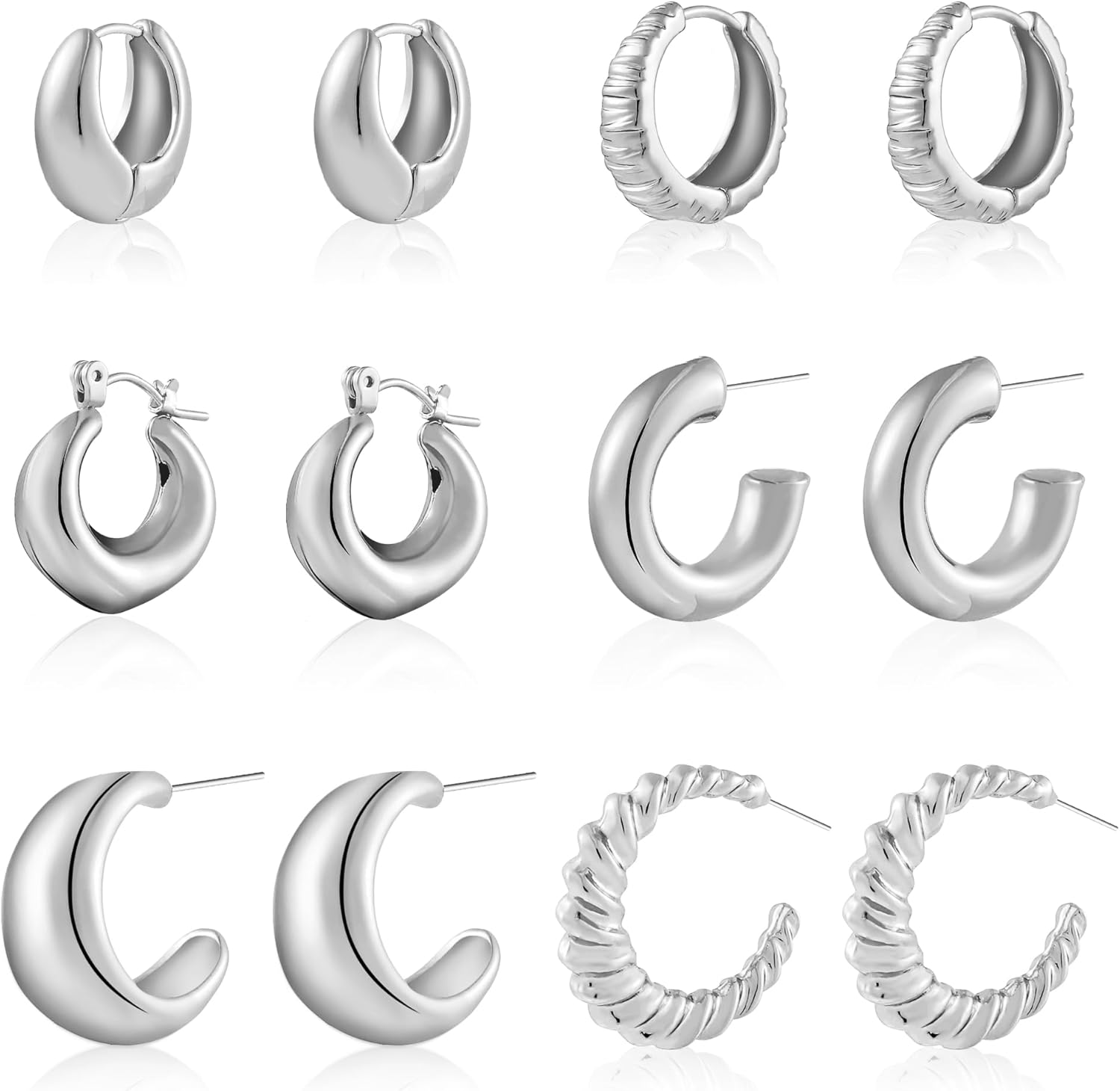 6 Pairs Gold Hoop Earrings for Women, 14K Gold Plated Lightweight Chunky Hoop Earrings Set Hypoallergenic, Thick Open Huggie Hoops Earrings Jewelry for Gifts.