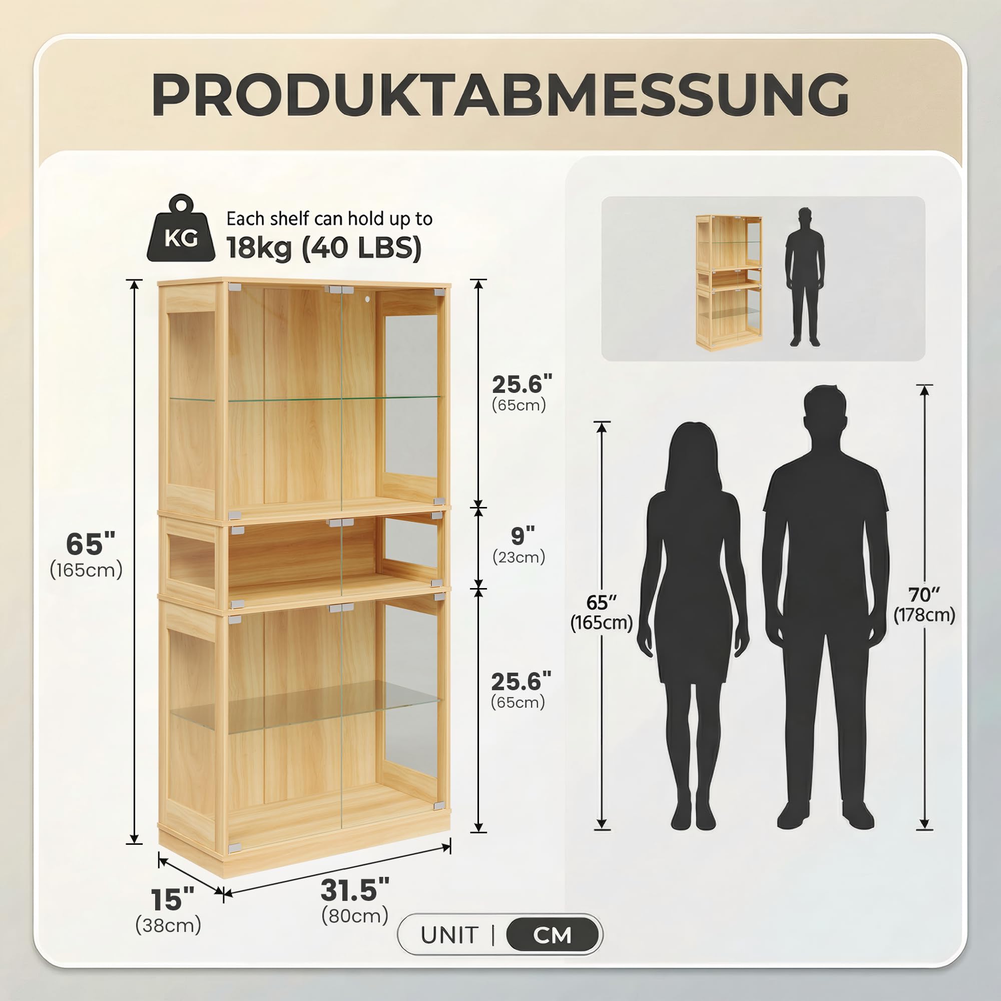 ZKIODV Glasvitrine mit LED Beleuchtung, 5-Lagen Vitrinenschrank Glas Stehend, Holz Vitrine mit Intelligente Sensorik, Sammlervitrine Staubdicht für Wohnzimmer Schlafzimmer Büro - 165x80 cm (Eiche)