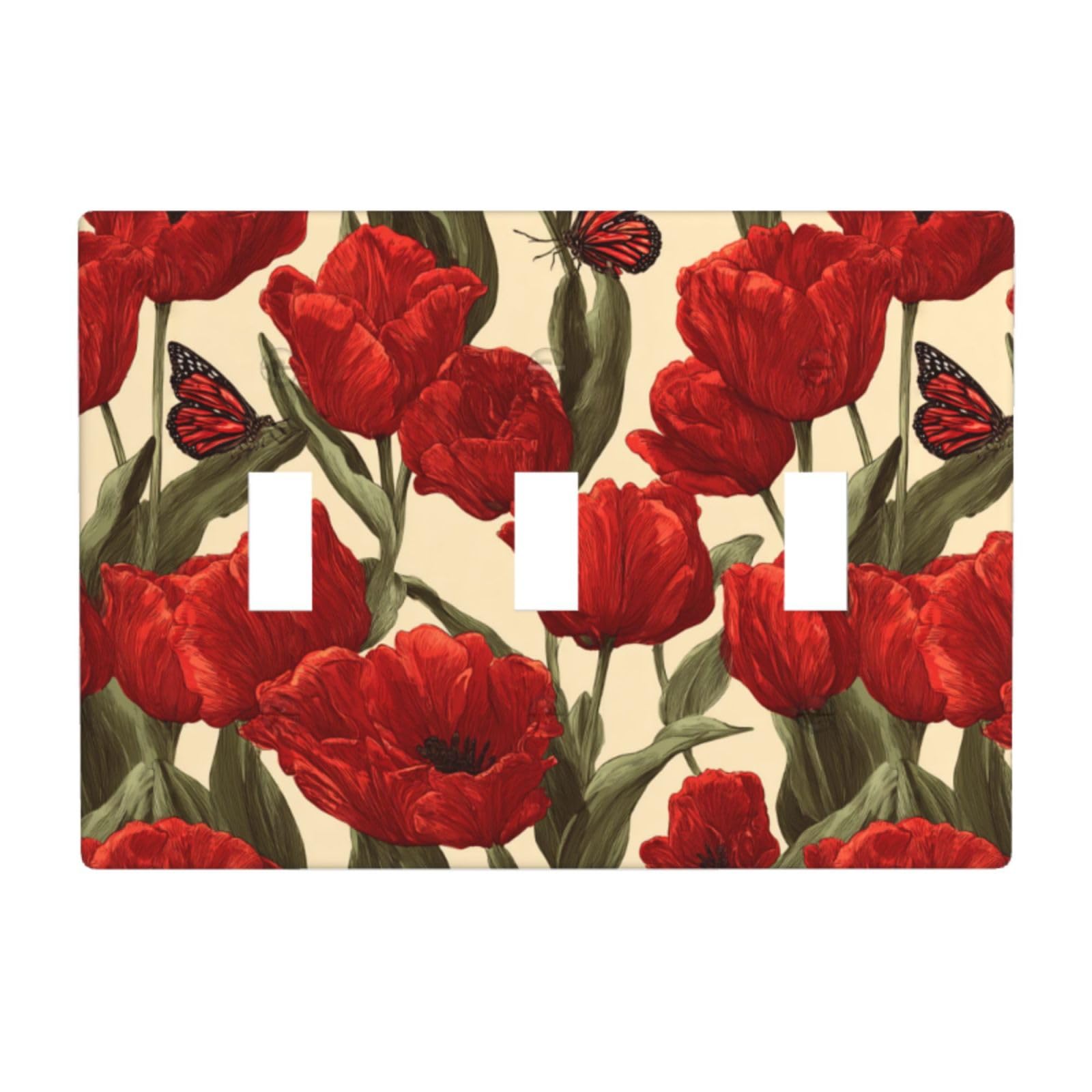 Woshuwo White Tulip Flowers Butterfly Vintage Light Switch Covers 3 Gang Triple Toggle Wall Plate Switchplate Electrical Faceplate For Bathroom Kitchen Bedroom Decor