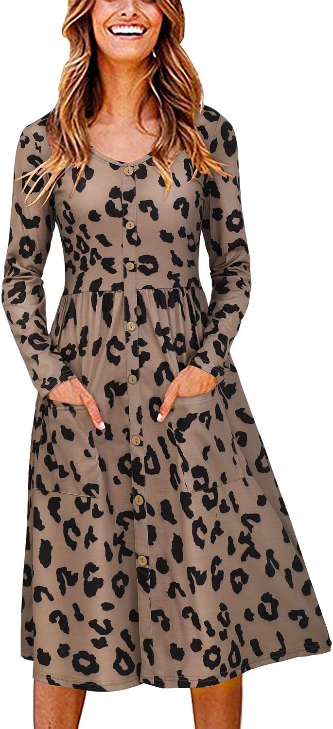 OUGES Women's V Neck Button Down Skater Dress with Pockets