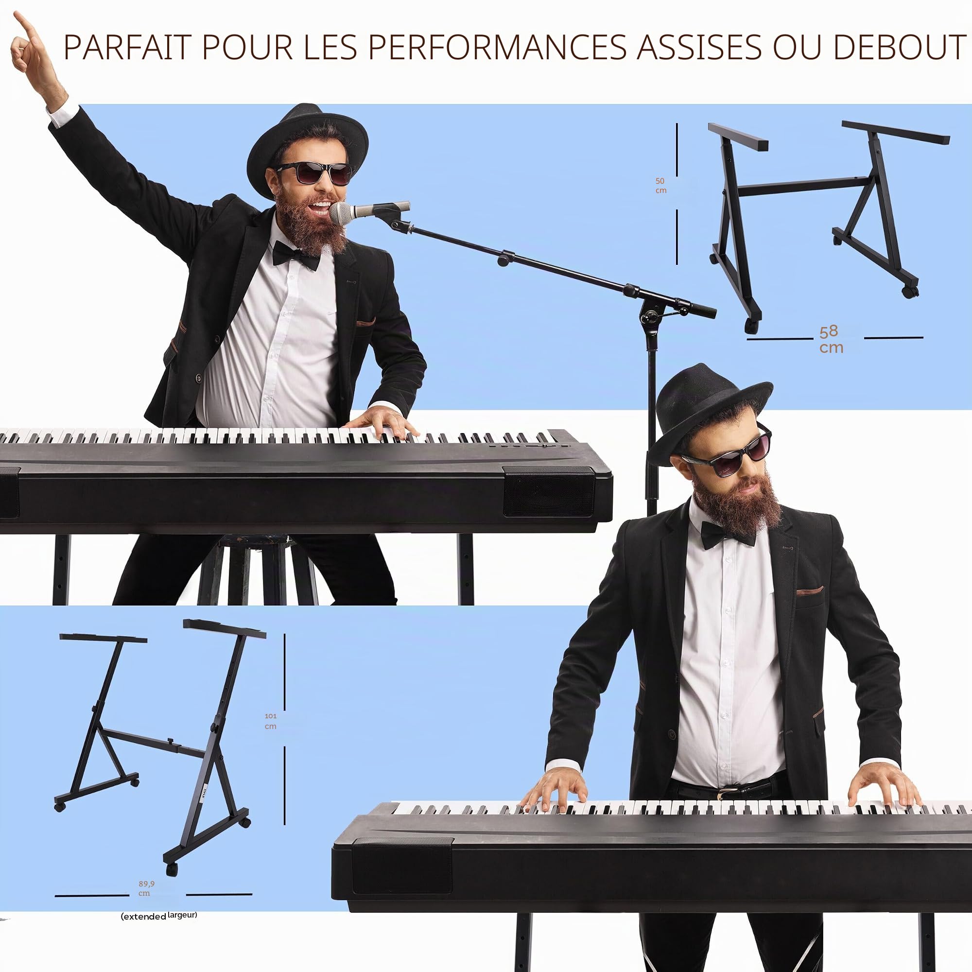 PYLE Support Clavier Universel , Forme de Z Robuste, Support Piano Portable avec Hauteur et Largeur Réglables, Roulettes Verrouillables (Noir)
