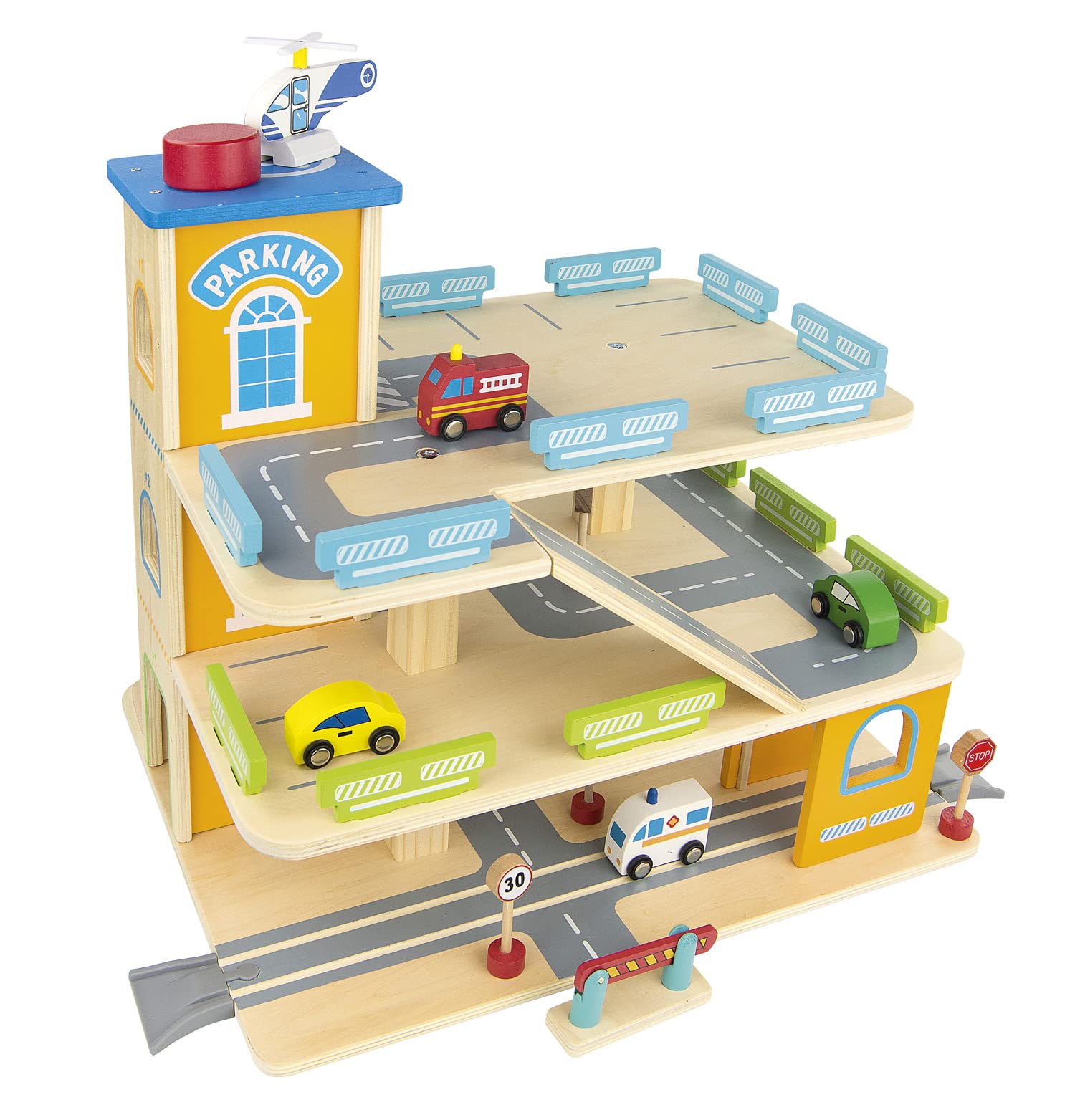 Garage in Legno per Bambini con Ascensore Manuale, Parcheggio Giocattolo a 3 Piani con Pista Auto, Rampe, Eliporto e Macchinine, Set Giochi Creativi per Cameretta, Idea Regalo.