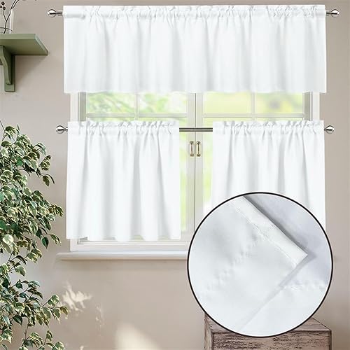 Miniatura 5 de Juego de cortinas y cenefas de cocina con diseño de flores abstractas de 24 pulgadas de largo, con bolsillo para barra, cortinas de 3 piezas con