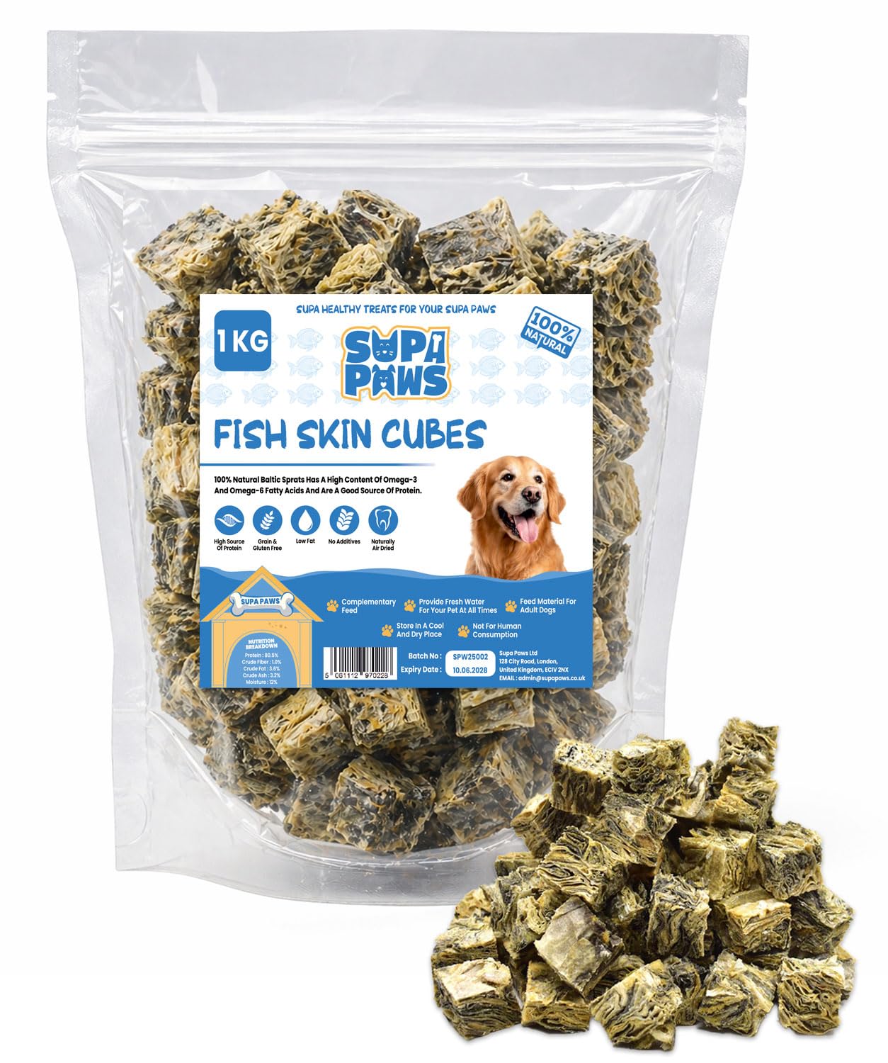 Supa Paws 1Kg Fish Skin Cubes for Dogs 100% Natural White Fish Skin Jerky Cubes Dog Treat, Hypoallergenic Dog Food & Grain Free Dog Chews, Dental Pet Treat, High Protein Dog Snacks