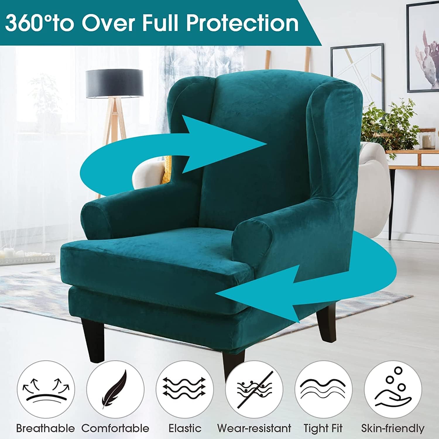 JIAN YA NA Wingback Chair Cover, Stretch Velvet Wing Chair Slipcovers 2 Piece, Wingback Armchair Sofa Slipcover Super Soft Fabric Furniture Protector with Elastic Bottom for Living Room Bedroom Hotel