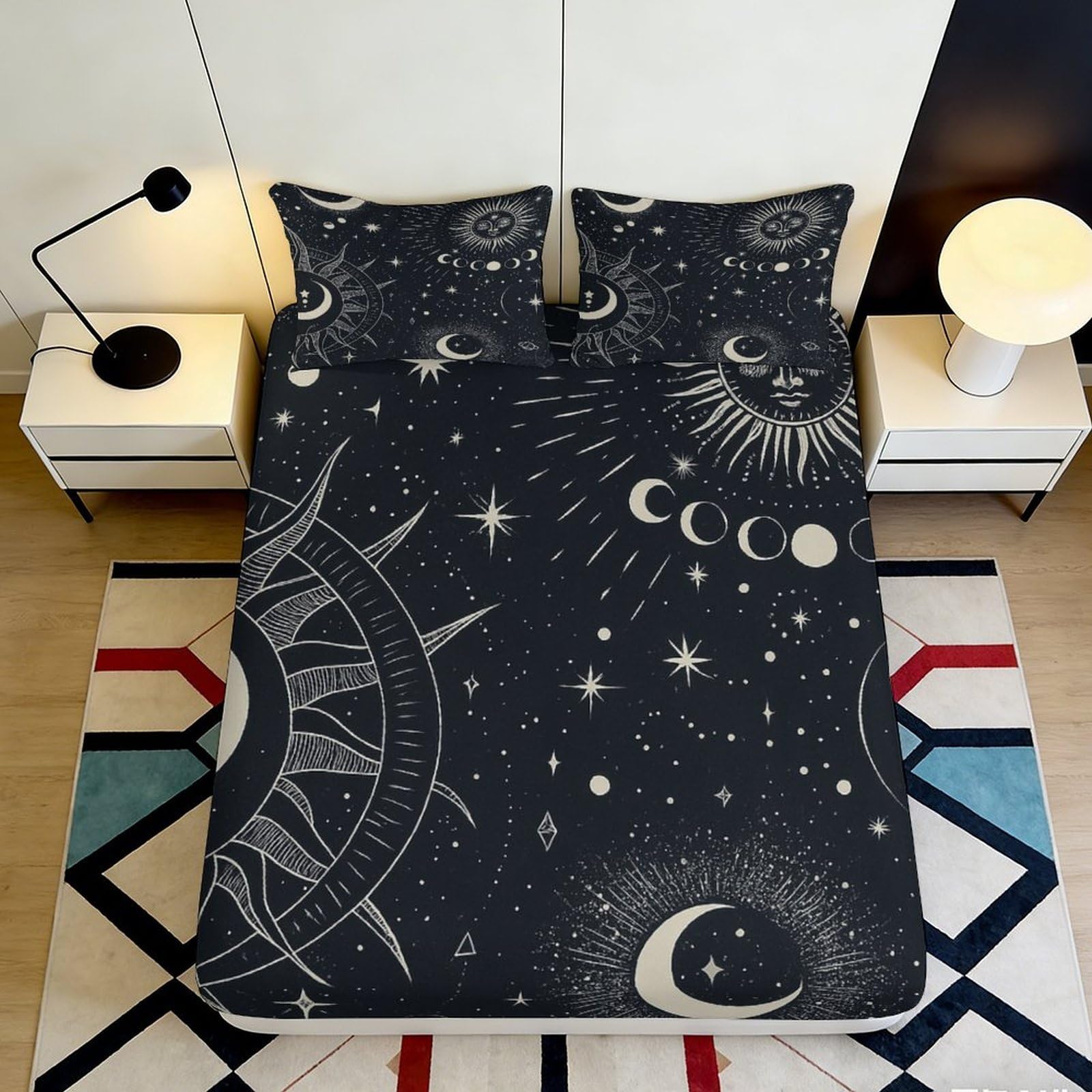 3D Printed Celestial Sun Moon Fitted Sheet Microfiber Soft Starry Sky Bed Cover for Bedroom Guest Room Decor 90x200x25cm