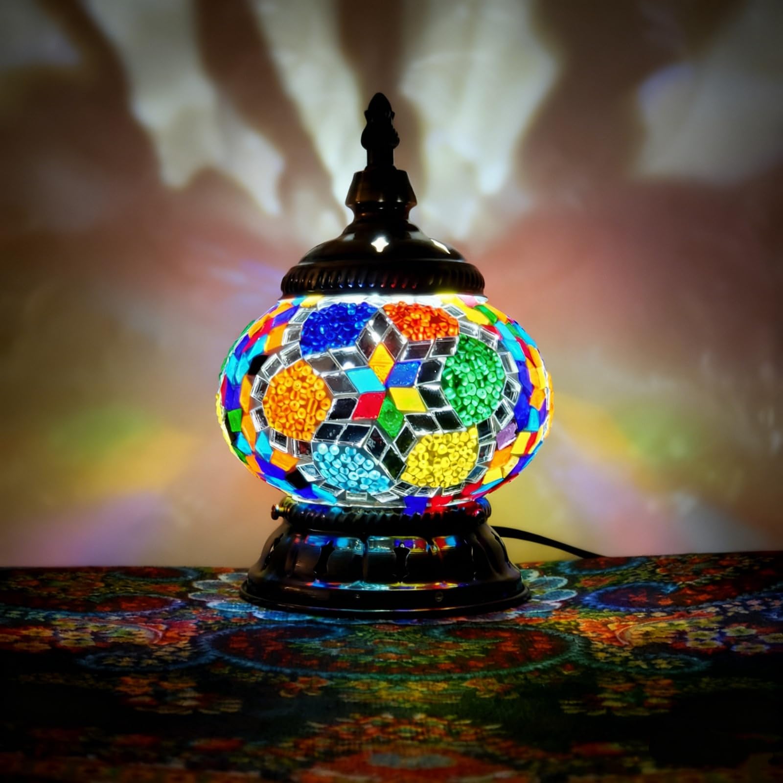 Maimeili Turkish Exotic Mosaic Table Lamp with Handmade Moroccan-Style Decorative Glass Retro Lamp Shade with USB Decorative Desk Lights Bedside Lights for Bedroom
