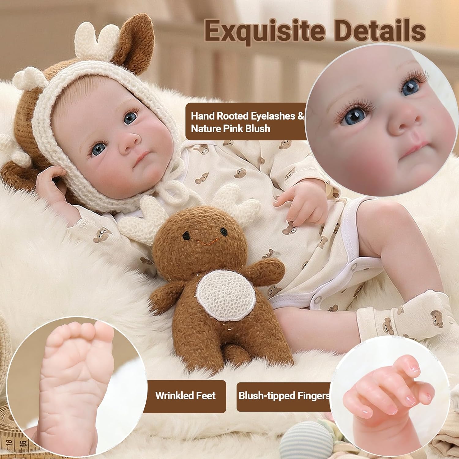 Lifelike Reborn Baby Doll 18 Inch Real Baby Size, Hand-Painted Hair & Blue Eyes with Deer Hat & Toy, Soft Vinyl Skin for Ages 3+ Kids