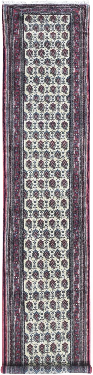 Hand Knotted Ivory Tribal Runner Rug, Pure Wool, Repetitive Boteh Design, 2'10" x 13'2", Oriental Style