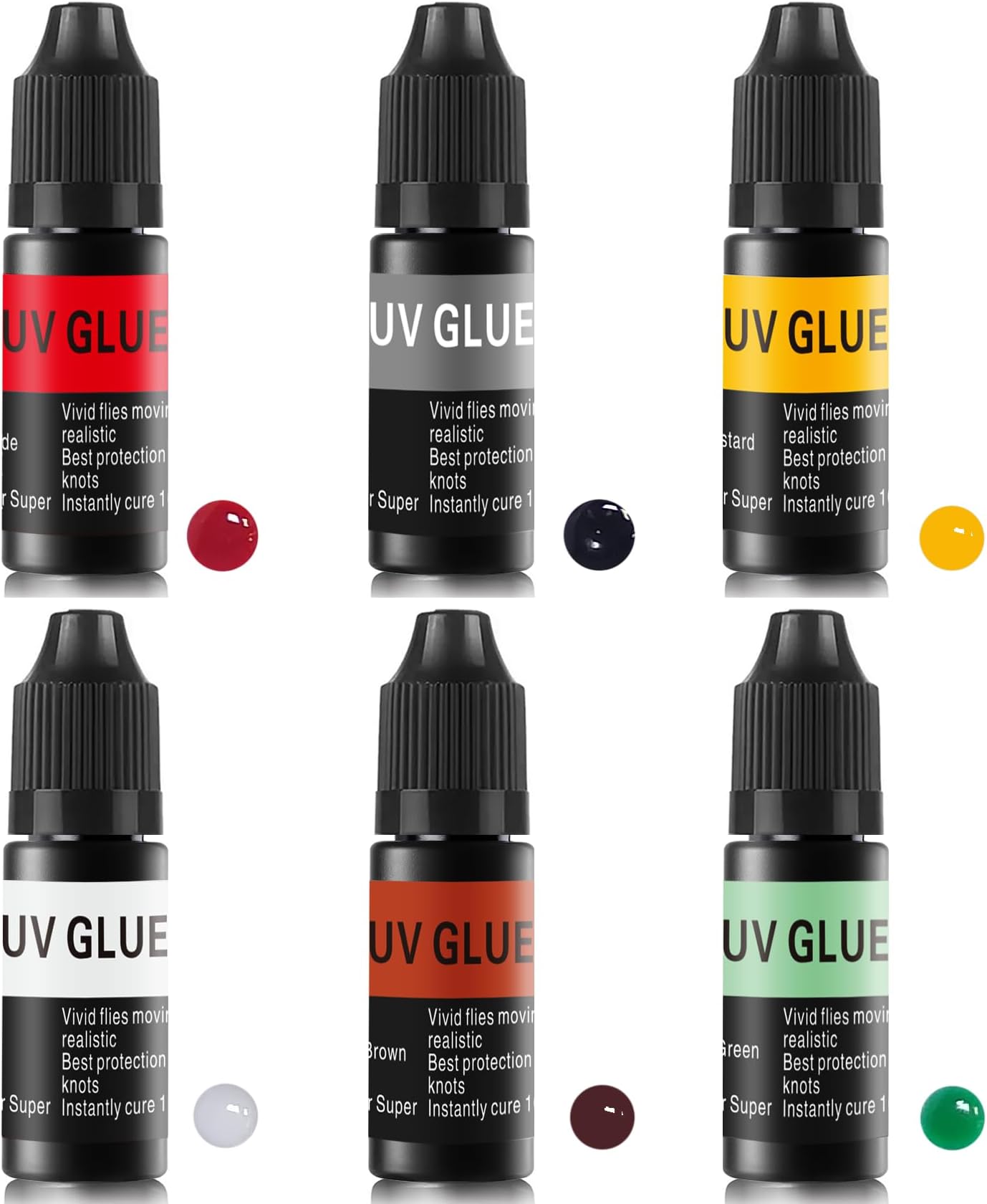 Riverruns 6 Colored Super UV Glue Combo Set Revolutionary Fly Tying for Building Flies Flies Heads Bodies and Wings Tack 10ml Each Color Unit