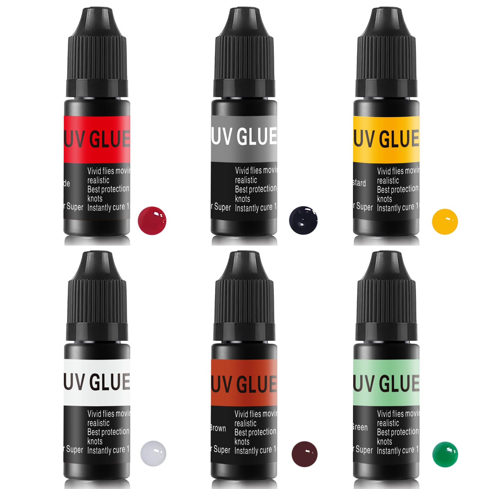Riverruns 6 Colored Super UV Glue Combo Set Revolutionary Fly Tying for Building Flies Flies Heads Bodies and Wings Tack 10ml Each Color Unit