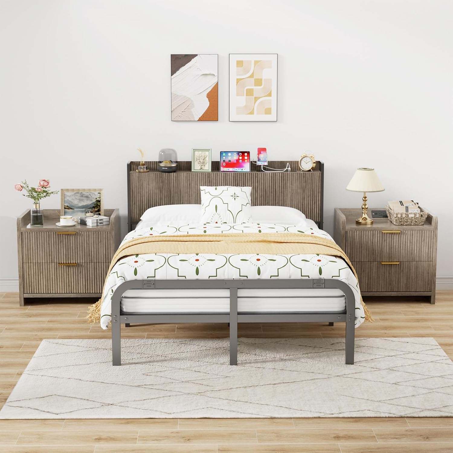 Queen Size Fluted Headboard Only with Outlets, Wall Mount Wood Headboard with Storage, Height Adjustable, Storage Rack, Sturdy and Stable, Easy Assembly(Grey, Queen)