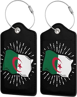 Vintage Algeria Algerian Flag Leather Luggage Tags for Women Men Stainless Steel Loop Travel Tags with Name Address Label Privacy Cover for Suitcases 2 PCS