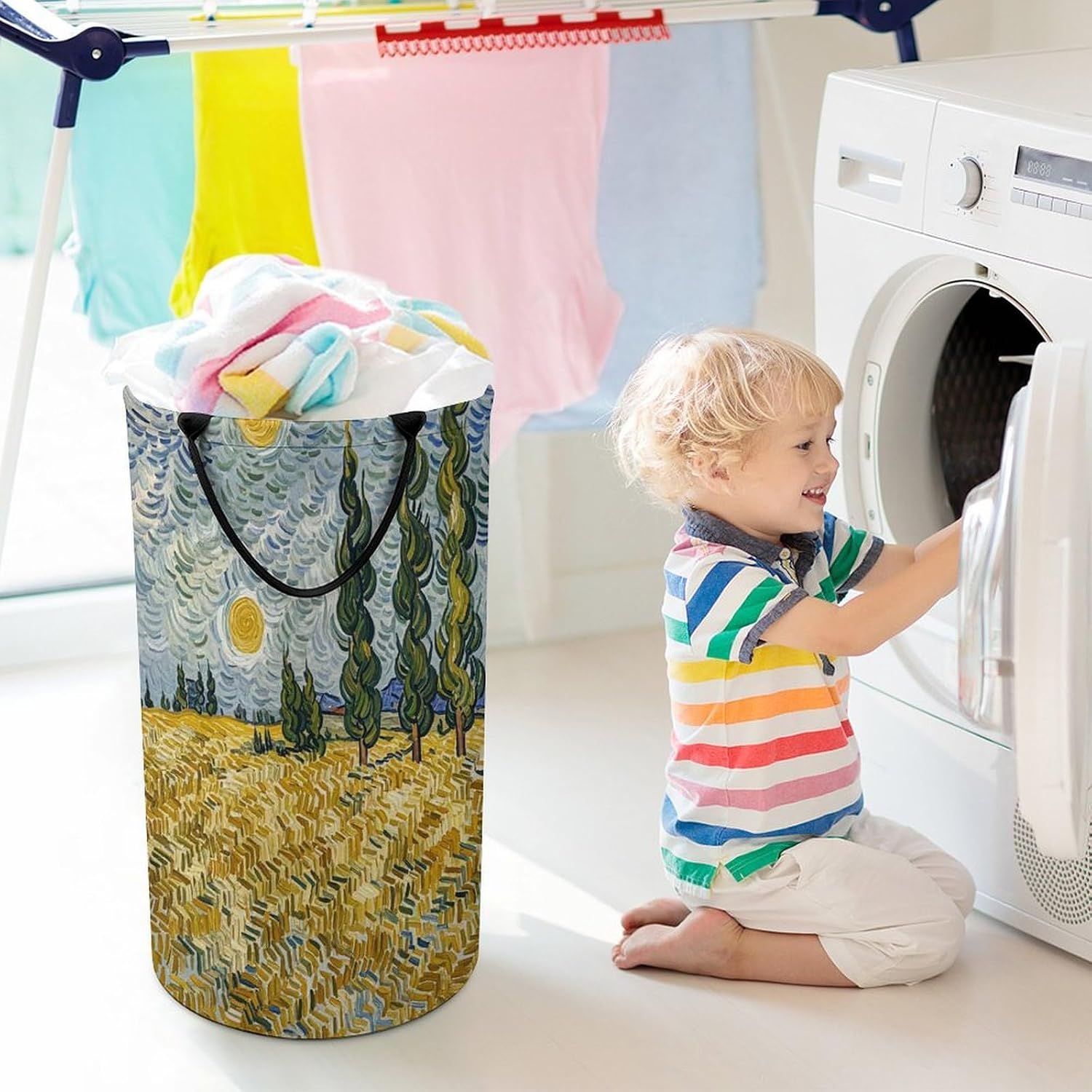 Wheat Fields And Cypress Trees Laundry Basket Collapsible Round Waterproof Large Storage Bin With Double Handles Clothes Storage Bucket For Laundry Bedroom Kids Room