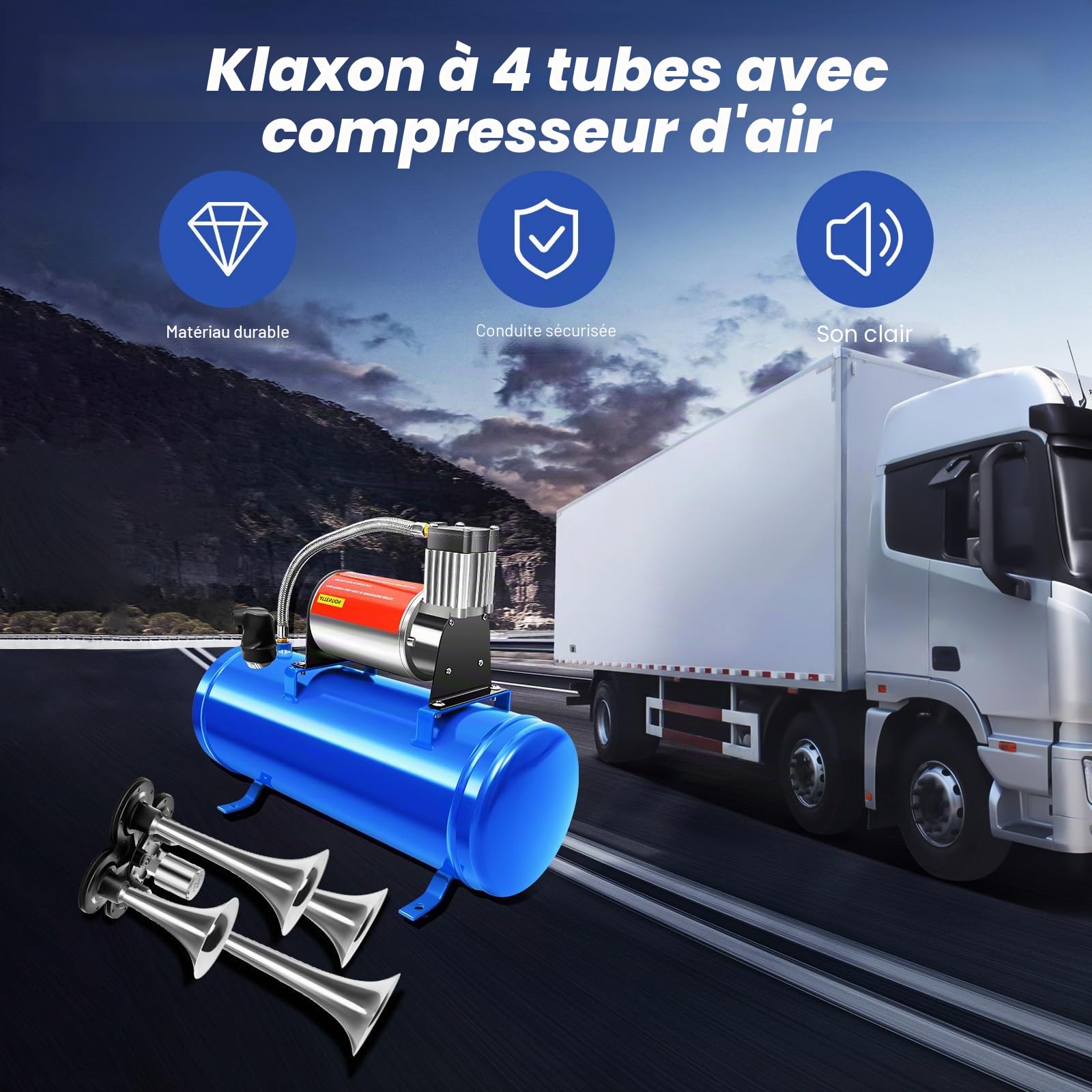 Compresseur, 12 V, 4 trompettes, kit klaxon, 150 psi, compresseur d'air, avec réservoir de 6 l, pour gonfler les pneus de voiture, ballons, jouets, bateaux