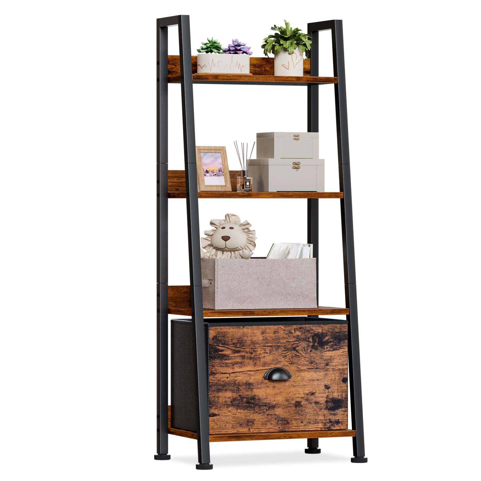Furologee 4 Tier Ladder Shelf, Small Bookshelf with Drawer, Rustic Brown