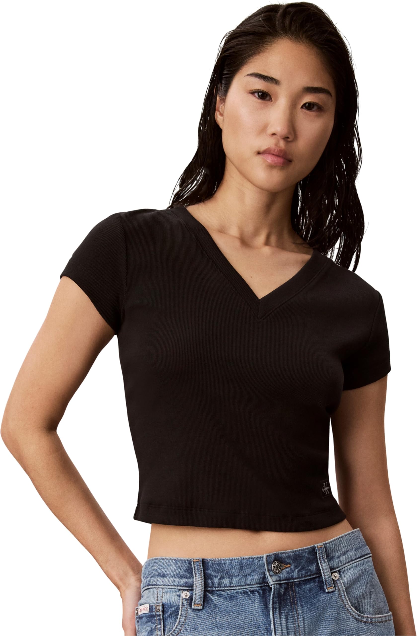 Calvin Klein Damen T-Shirt Kurzarm Woven Label Rib Tee V-Ausschnitt – Black, Größe M