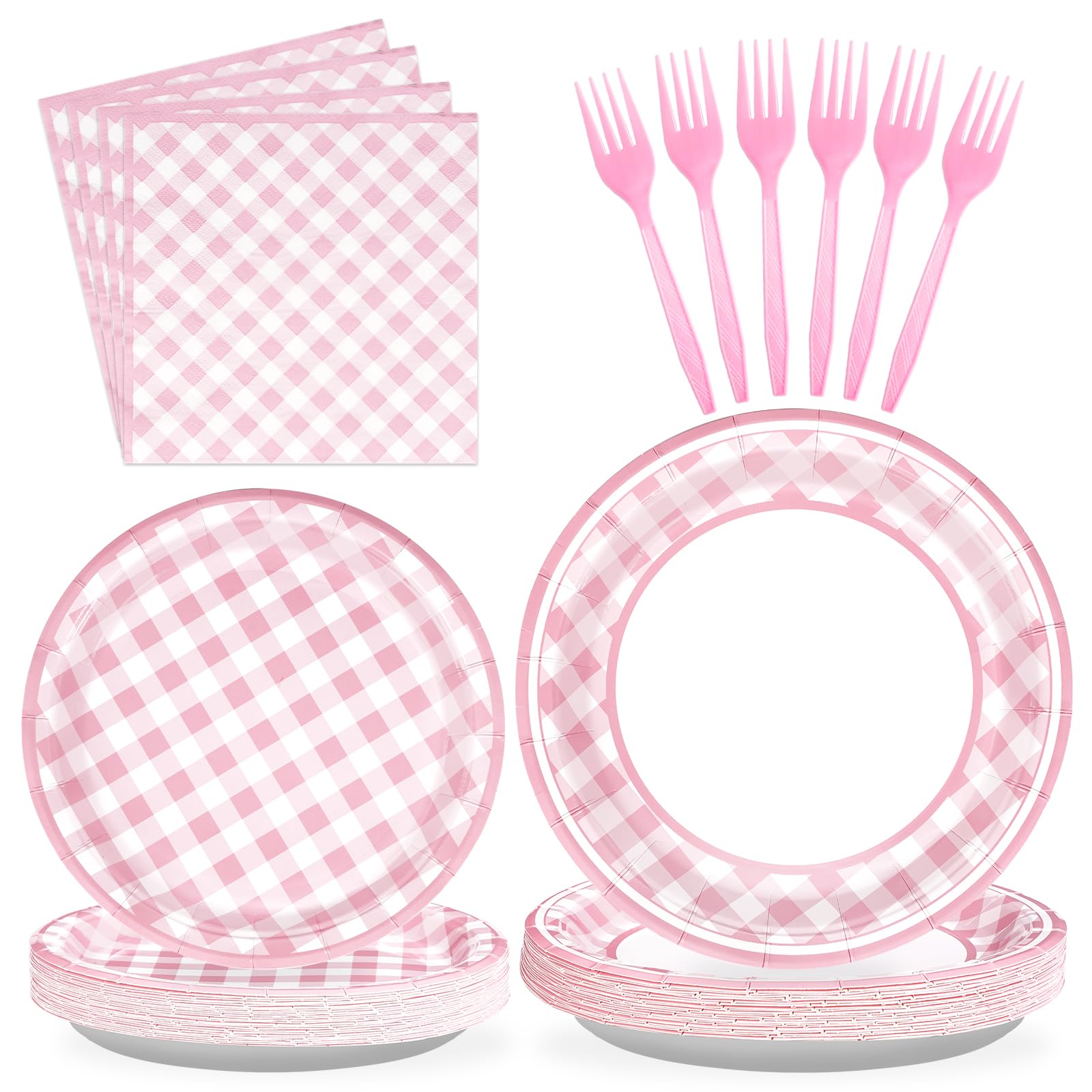 96 Pcs Pink Gingham Party Supplies 350 GSM Disposable Pink and White Buffalo Checked Paper Plates and Napkins Tableware Set for BBQ Picnic Baby Shower Birthday Party Decorations Serves 24