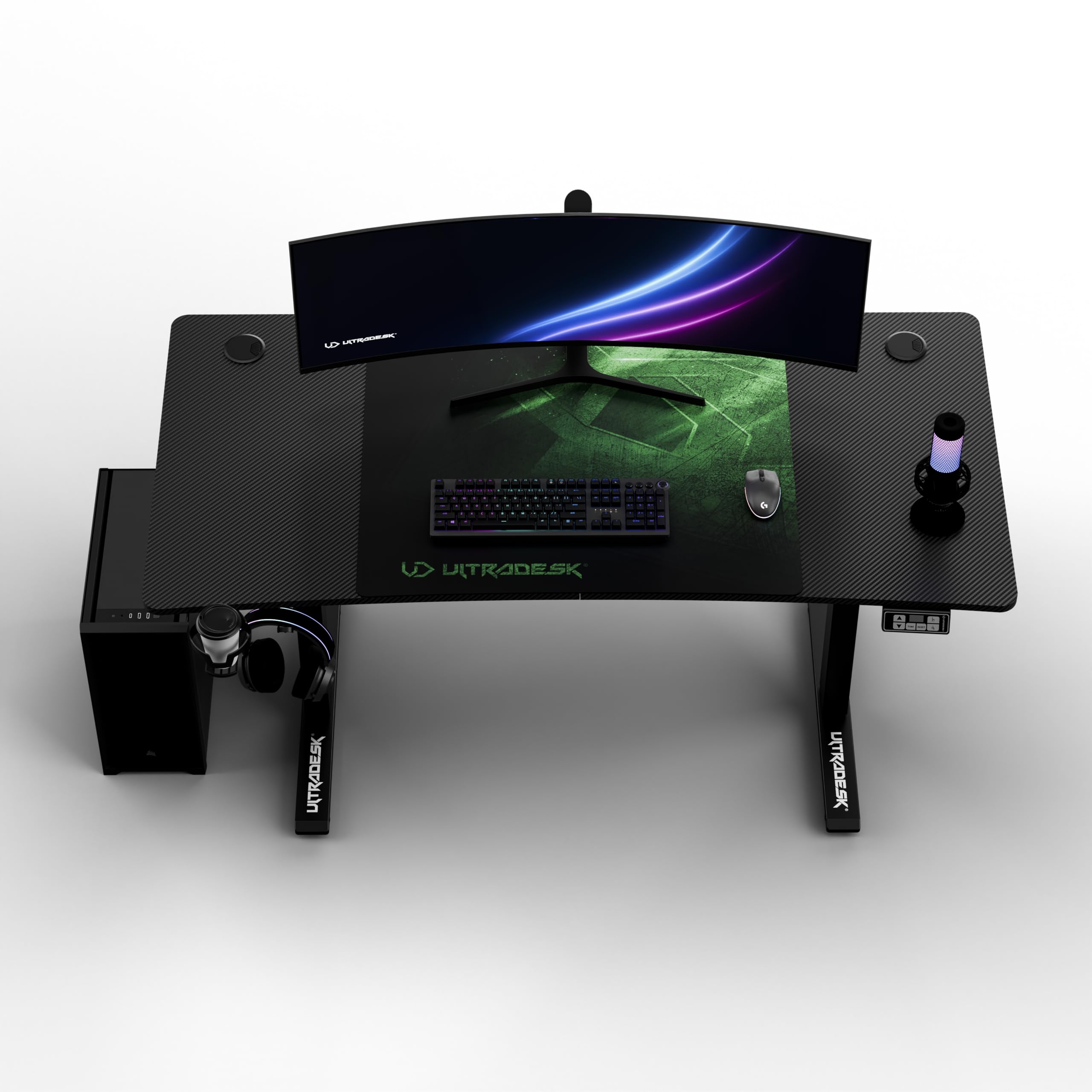 Ultradesk - Scrivania regolabile in altezza Level V2 - Scrivania elettrica per computer - 140x68 cm, per il gioco, il telelavoro - Set con tappetino per mouse XL - Nero, verde