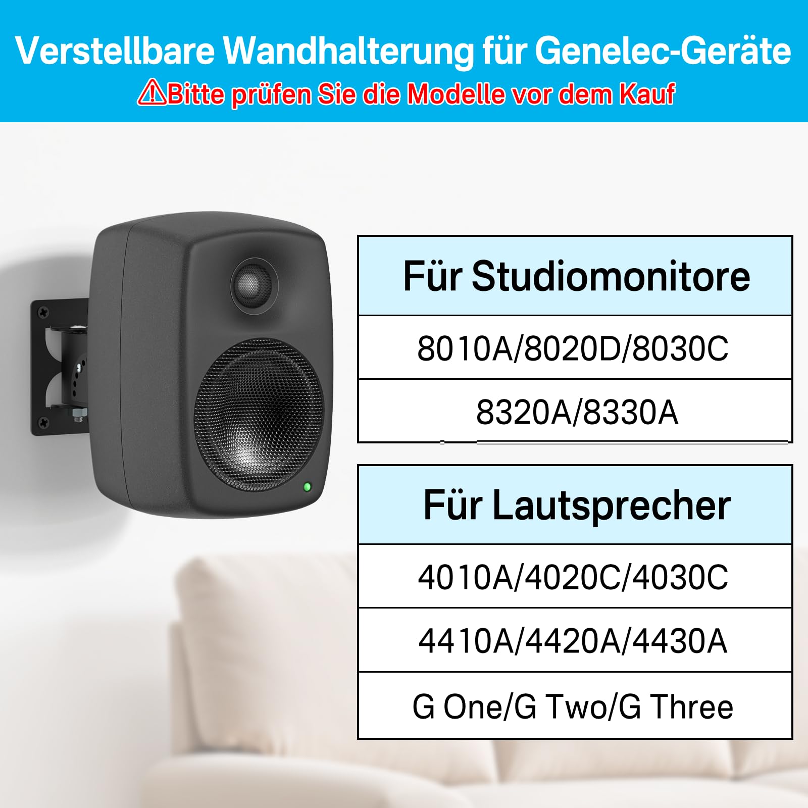 Support mural en métal pour haut-parleur Genelec G1 G2 G3 8010 8020 8030 8320 8330 - Support mural inclinable et pivotant - Support mural en acier robuste avec kit de fixation pour haut-parleur de