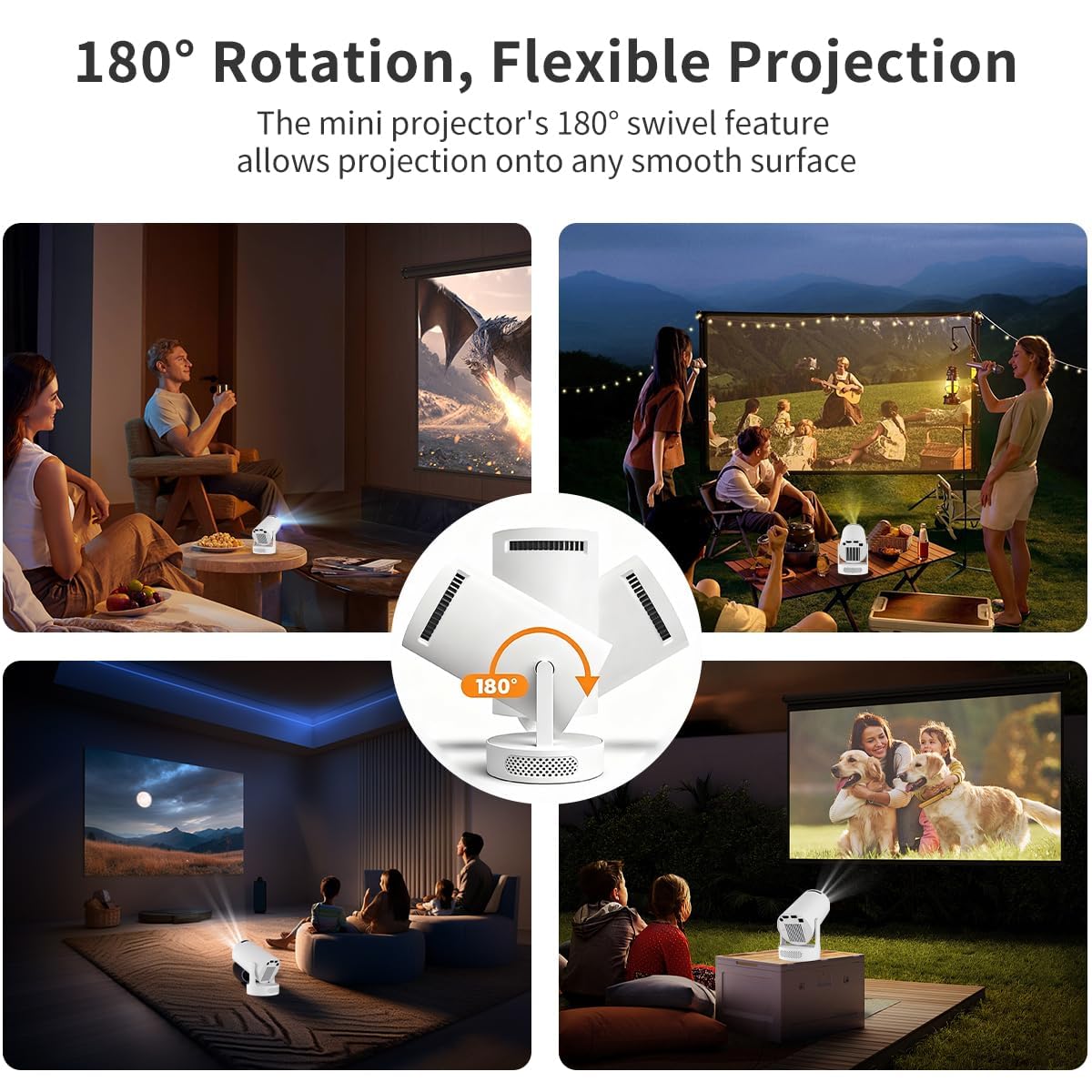 [Apps integradas & 2026 Upgraded] Proyector Portatil 4K, 1080P HD WiFi 6 BT 5.4, Compatibile con HDMI/USB/TV Stick/PS5/Laptop, Proyector para Movil Altavoz de 5W, Auto Keystone, Rotación de 180°