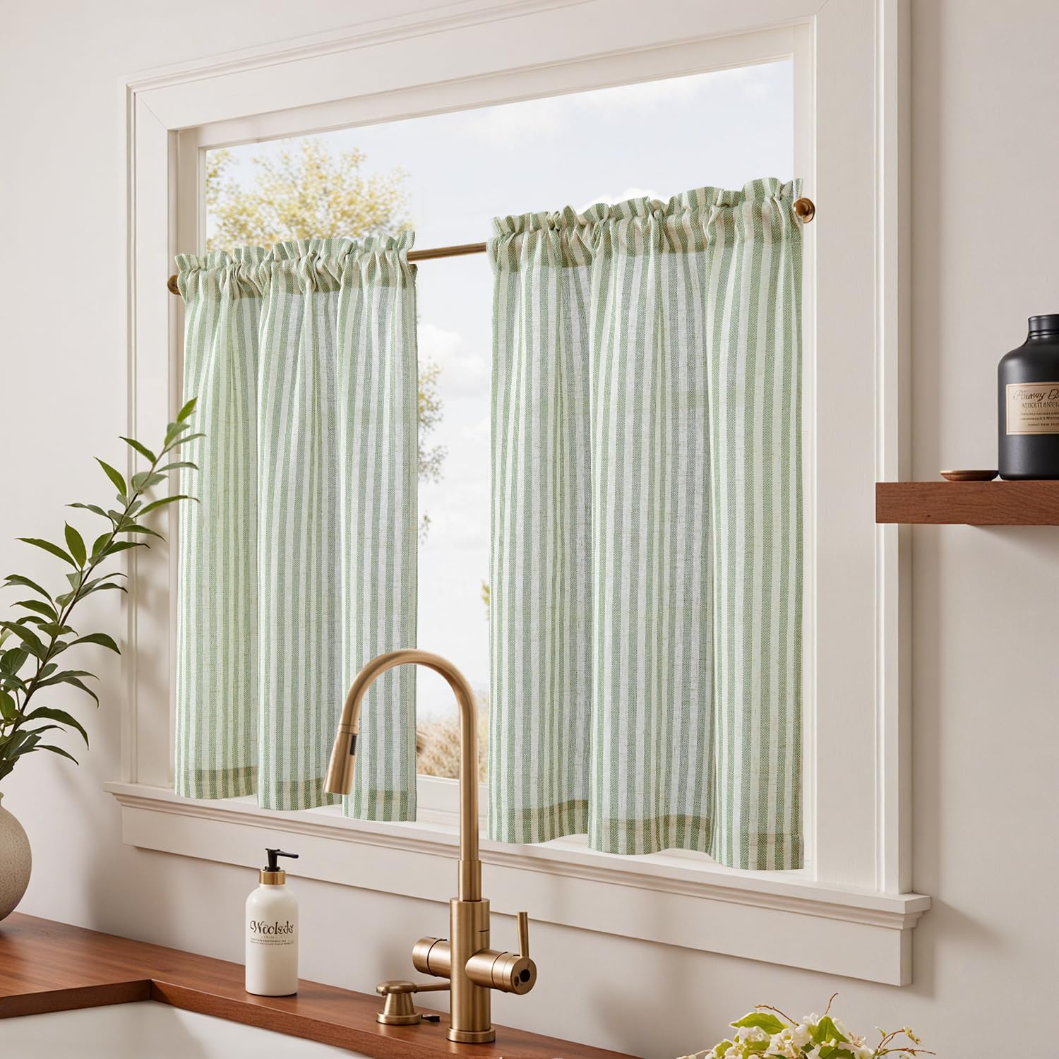 TOPICK Tende a righe in lino con strisce, opache, per cucina, sala da pranzo, bagno, piccola finestra, 65 x 60 cm, verde su beige