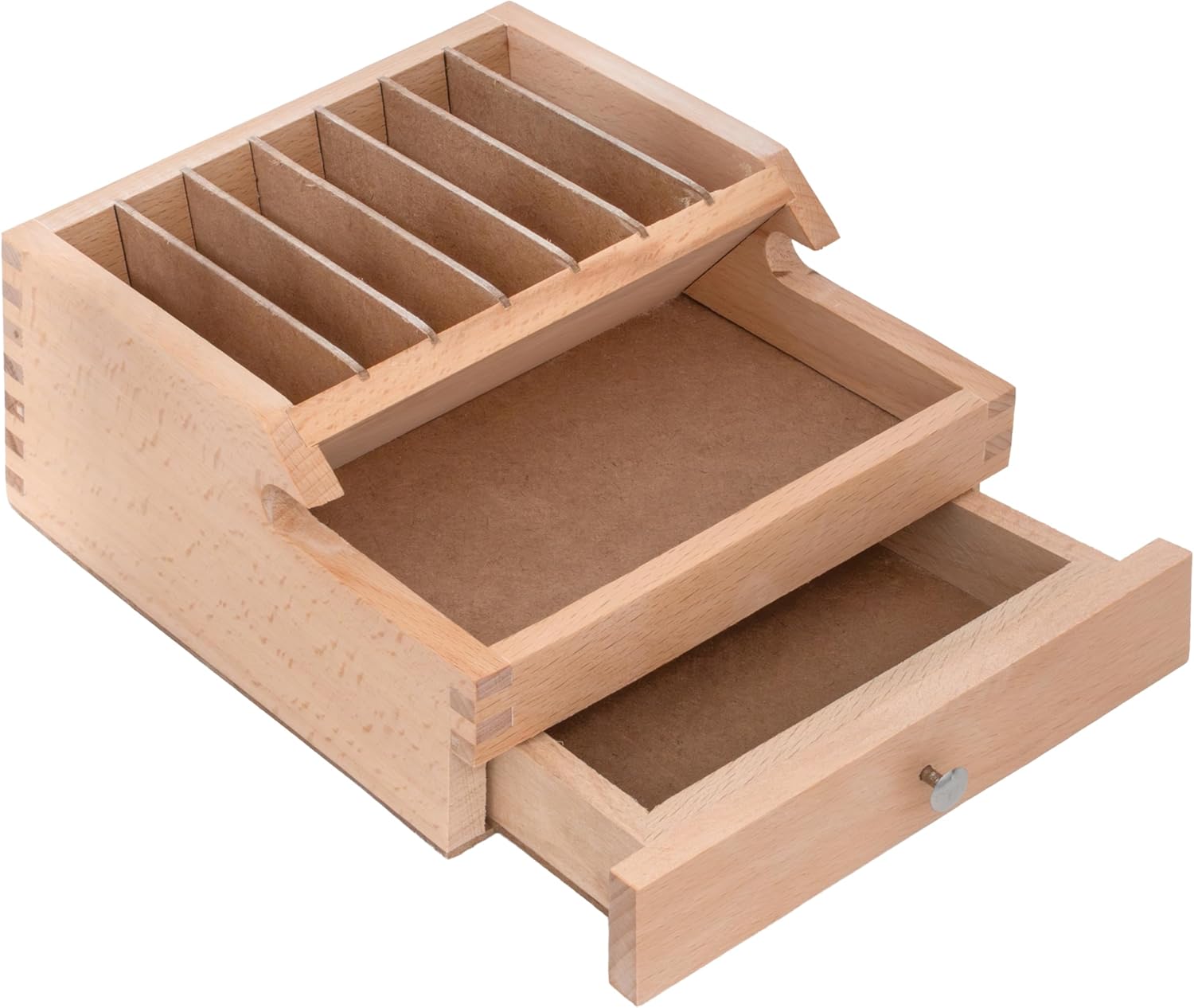 The Beadsmith Wooden Tool Organizer – Compact Storage for Pliers & Tools w/ 7 Slanted Compartments, Recessed Shelf, & Drawer, 7.6” x 6.75” x 3.75”