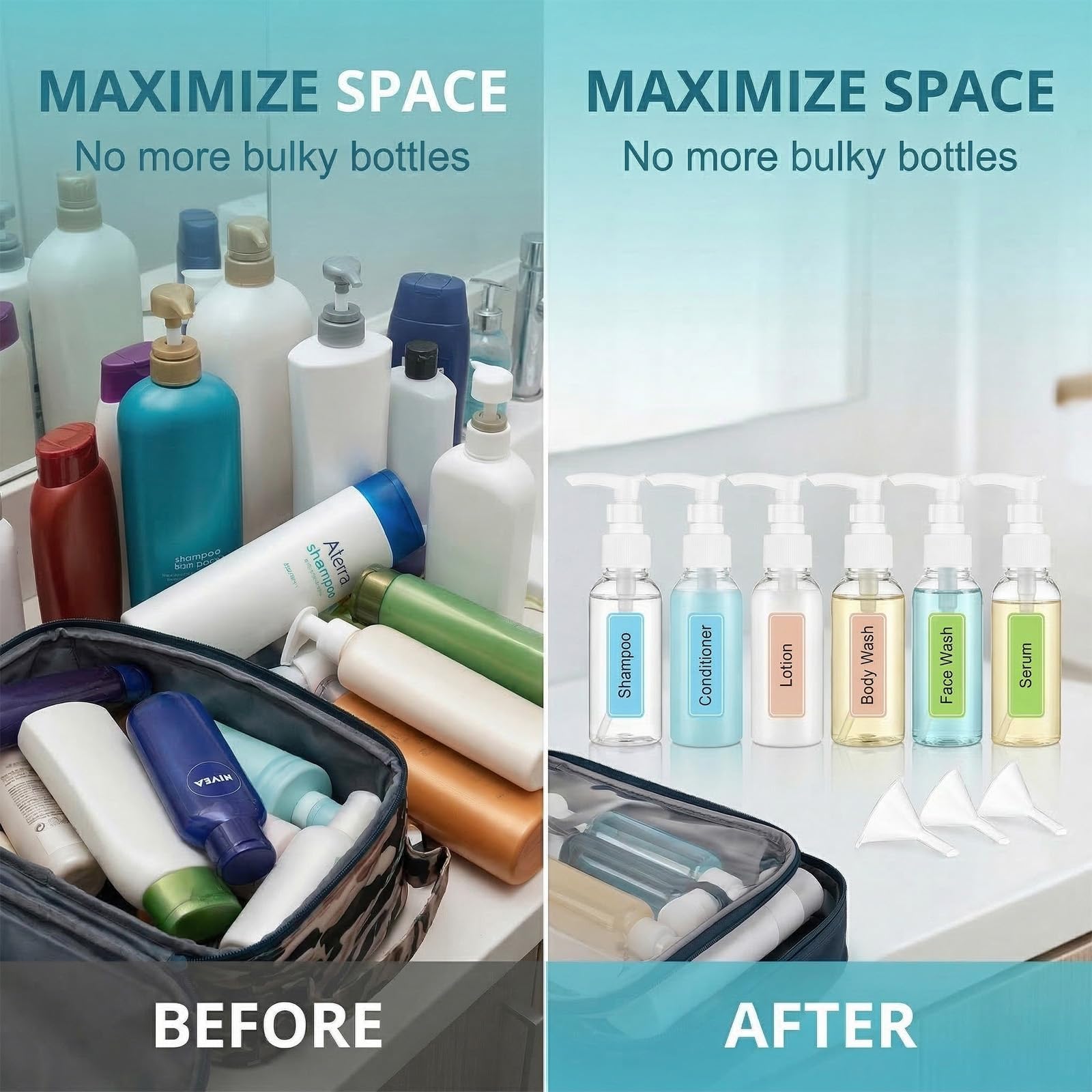 6 Pezzi Distributore a Pompa Airless 50ml, Flacone a Pompa Vuoto in Plastica Trasparente, Distributore di Crema & Sapone, Inclusi 3 Imbuti & 1 Etichetta, Ideali per Cosmetici, Shampoo & Crema