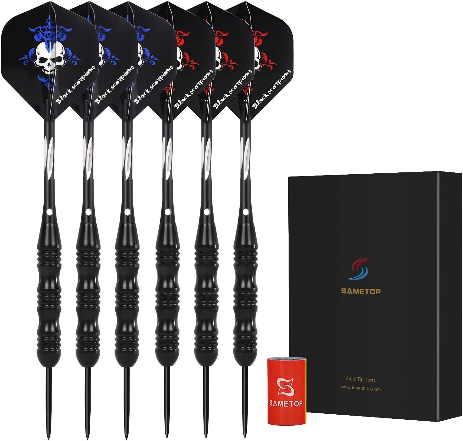 Sametop 6 Packs Professional Steel Tip Darts Set 22 Grams Flights, Aluminum Shafts, Dart Sharpener and Case