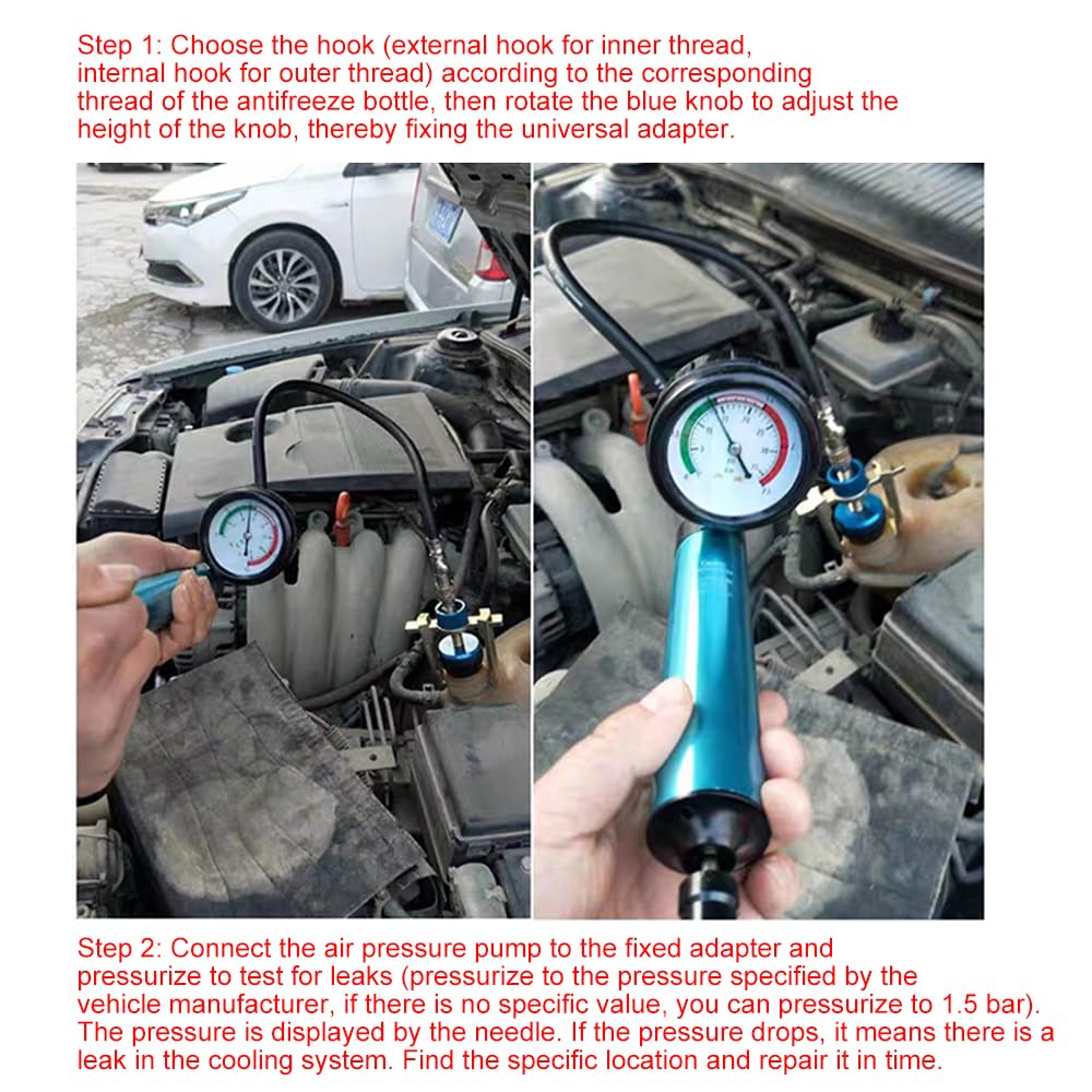 Shkalacar Kit per Test della Pressione del Radiatore con Pompa Manuale e Adattatore Universale, Kit di Strumenti per Tester della Pressione del Sistema di Raffreddamento Universale, Blu