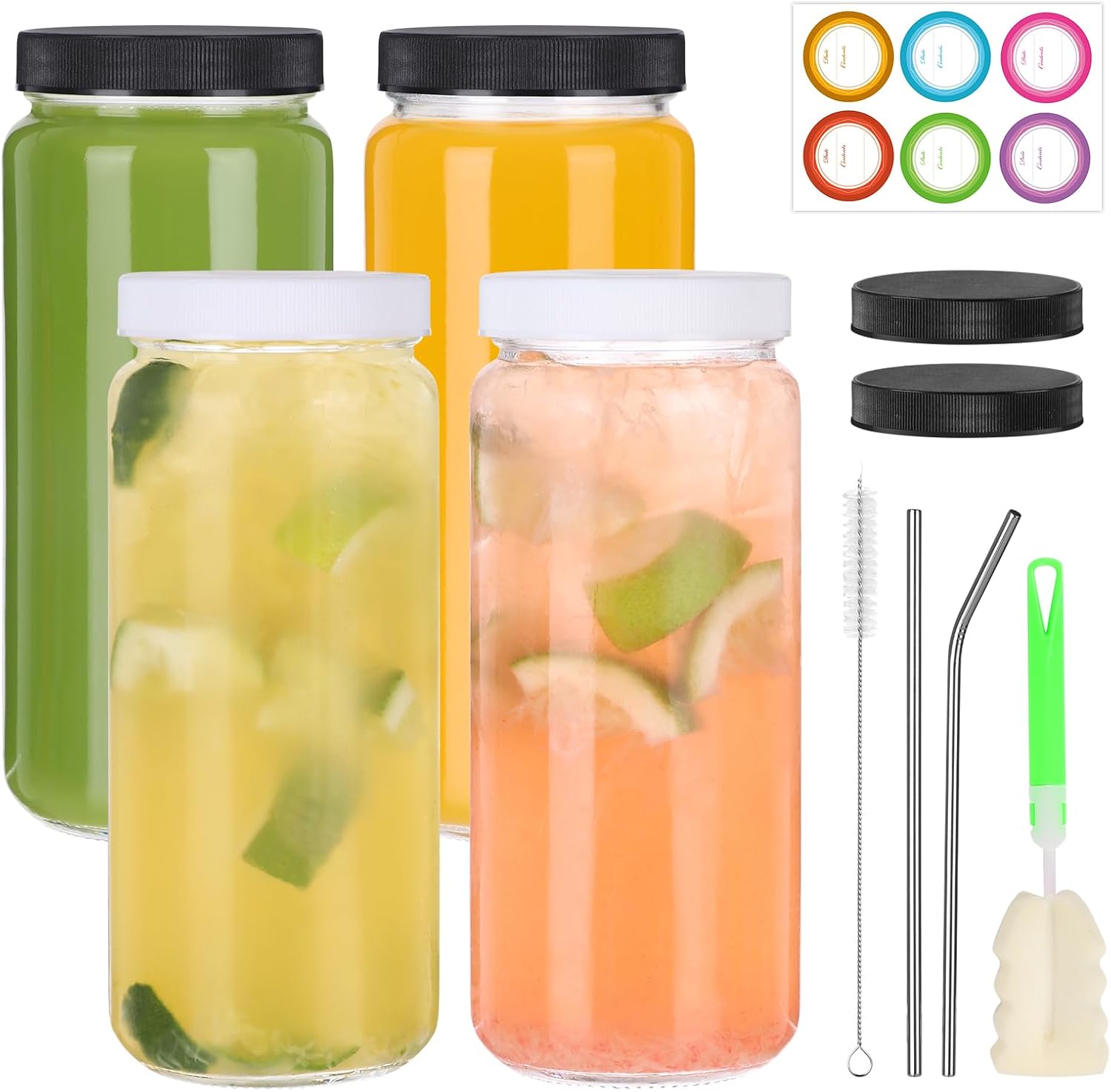 4 Pack 16 OZ Glass Juice Bottles with Lids and Straws, Juicing Glass Bottles for Smoothie, Water, Milk and Kombucha, Clear Reusable Water Bottles with Caps