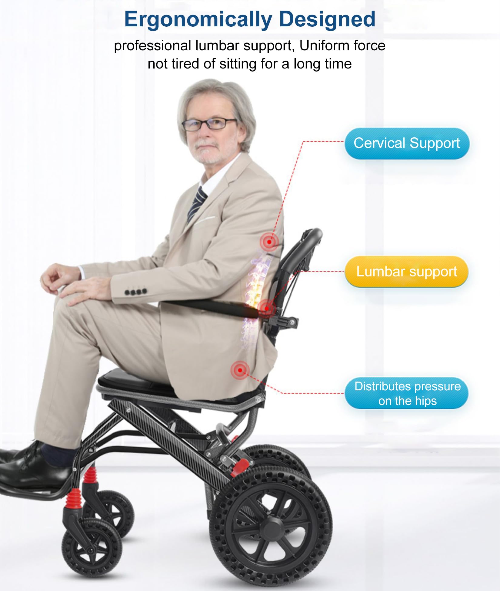 BOTOWI Silla de Ruedas Ligera de Transporte con Frenos de Mano Bloqueables, Ruedas Traseras de 12", con Asiento Ancho, Diseño Trolley, Silla de Ruedas de Aluminio para Adultos/Seniors