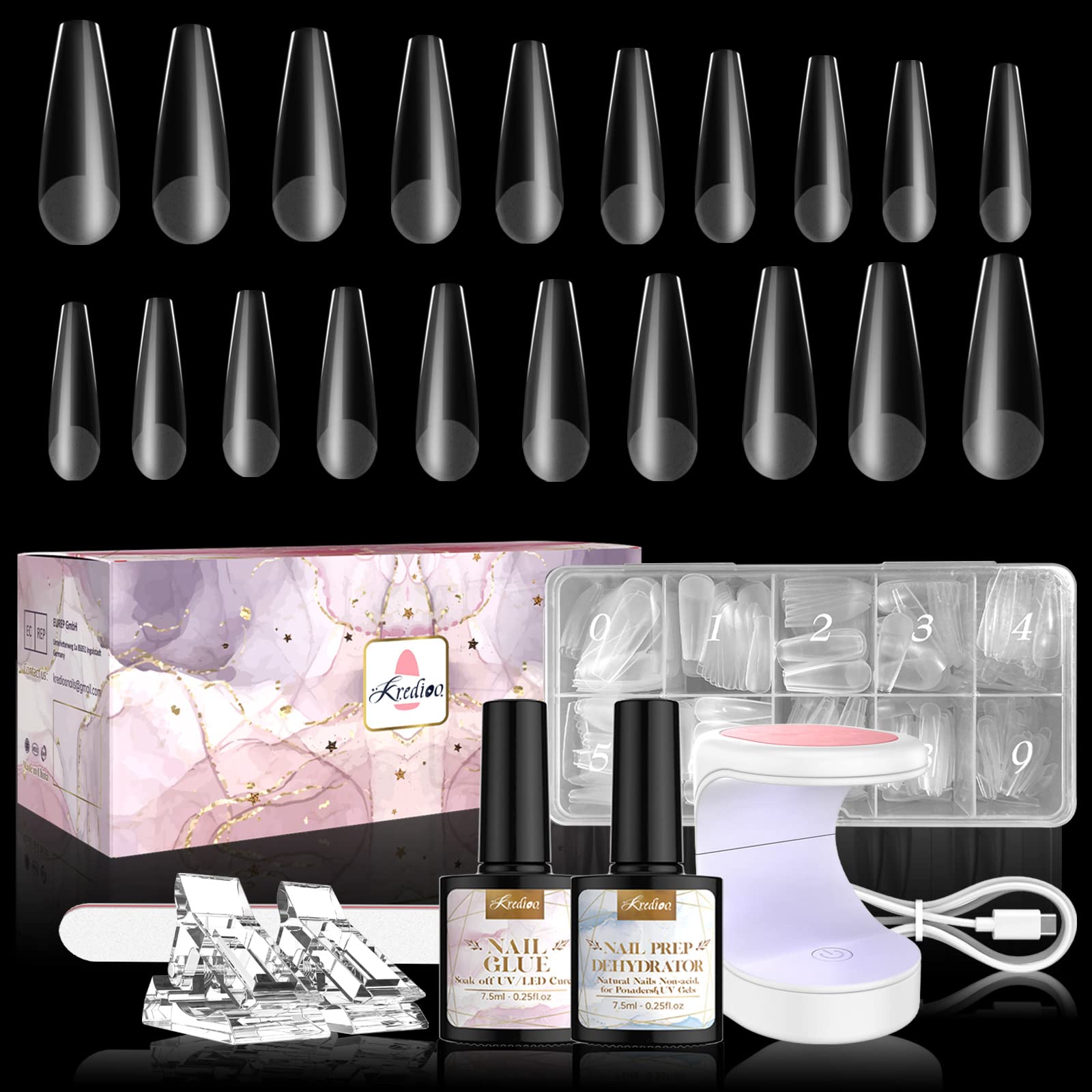KrediooGel X Nail Extension Kit, 500Pcs Acrylic Nail Tips Long Coffin Pre-Shaped with 4 in 1 Nail Glue Base Coat, UV Nail Lamp, Prep Dehydrator, Beginner Easy DIY Manicure Nail Art Kit