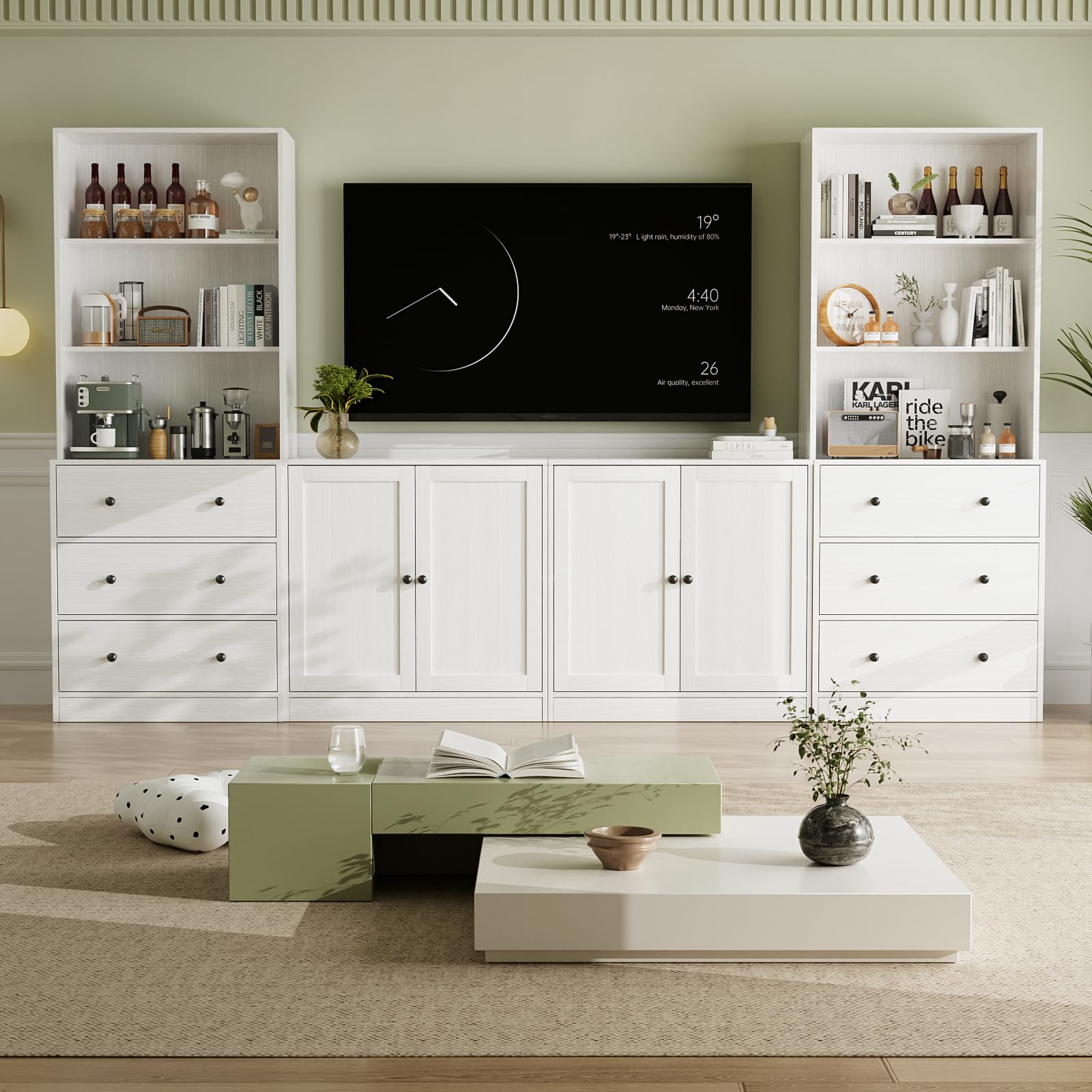 VOWNER Grande Mueble de TV para Televisores de hasta 70 Pulgadas, 280 x 180,3 x 40 cm, Mesa de TV, Módulo TV, Mueble de Salón Moderno con Cajones y Puertas de Cristal, 2A+2E (Blanco)
