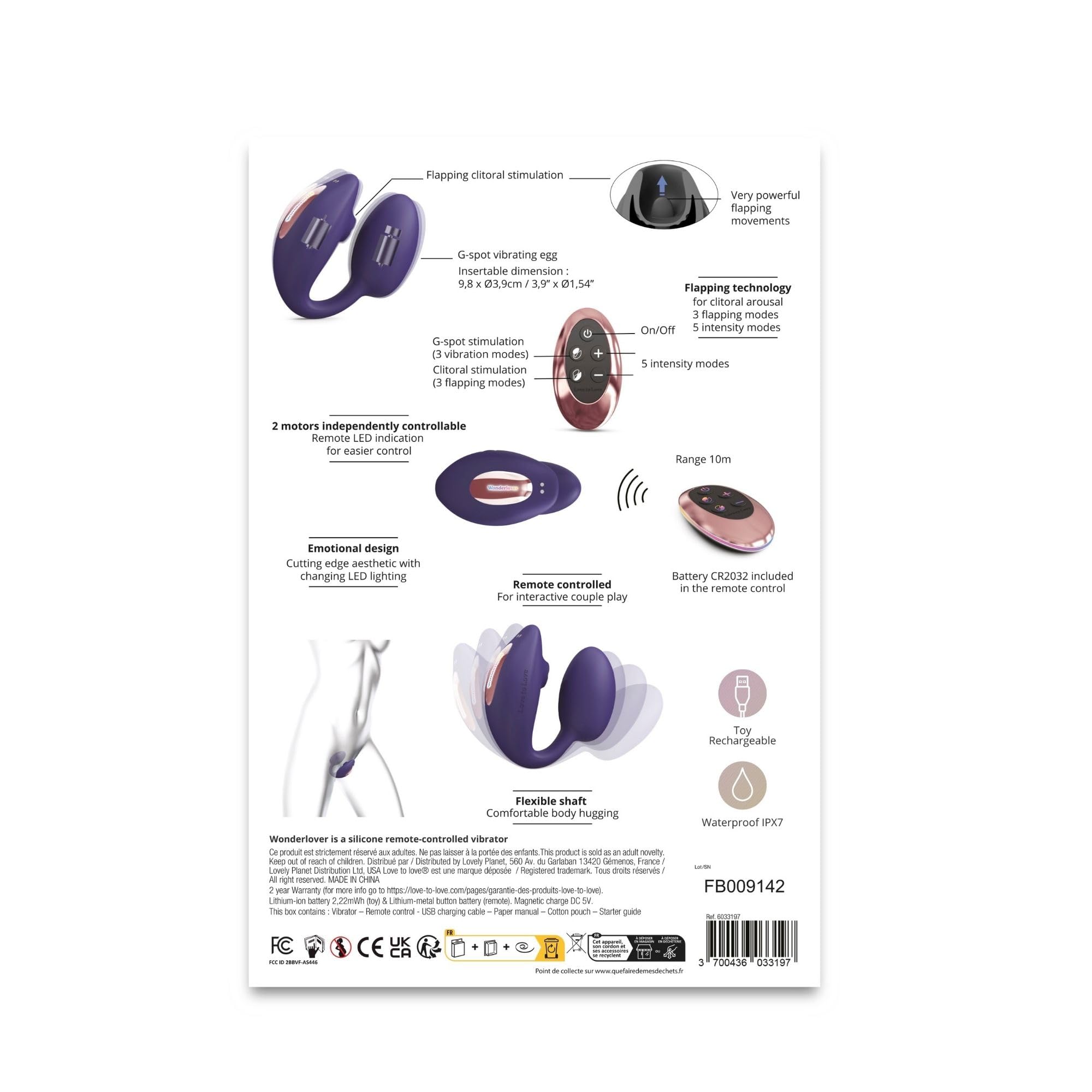 Love to Love Wonderlover – Sex toy ovetto vibrante con telecomando a distanza, doppia stimolazione clitoride & punto G, tecnologia flapping, 9 modalità, impermeabile, utilizzo a mani libere