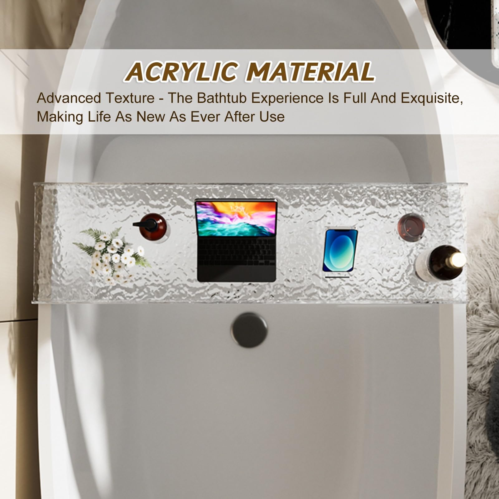 Vassoio Per Vasca Da Bagno In Acrilico Trasparente – Design Ondulato Antiscivolo, 80 Cm, Per Libri, Telefono, Candele, Vino