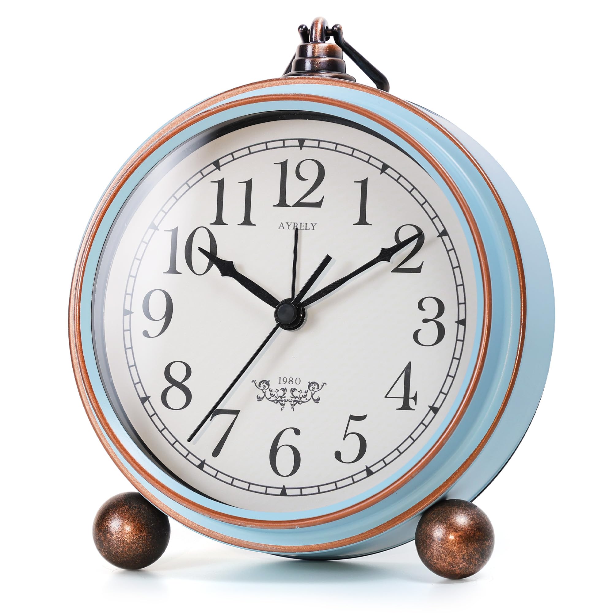 AYRELY® 5.3" Vintage Analogue Alarm Clock, Silent Battery Operated Metal Table Clock with Light, Retro Desk & Bedside Clock for Bedroom, Shelf or Living Room Décor (Blue)
