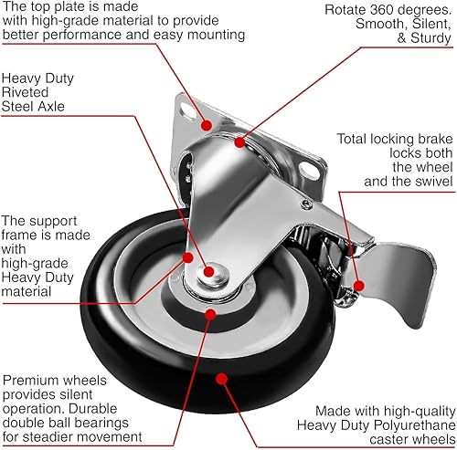 Miniatura 5 de Paquete de 8 placas giratorias combinadas de 5 pulgadas, 4 con freno y 4 placas resistentes en ruedas de poliuretano negras con tornillos resistentes