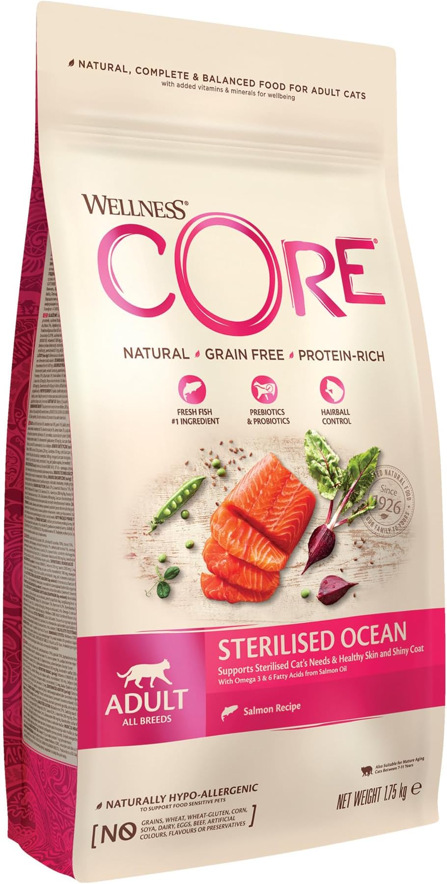 Sterilised Ocean 1.75 kg, Salmon โ Dry Cat Food for Sterlised/Indoor Cats, Grain-Free, Natural, Hypoallergenic, Protein-Rich, High Fish Content, Supports Healthy Skin & Shiny Coat
