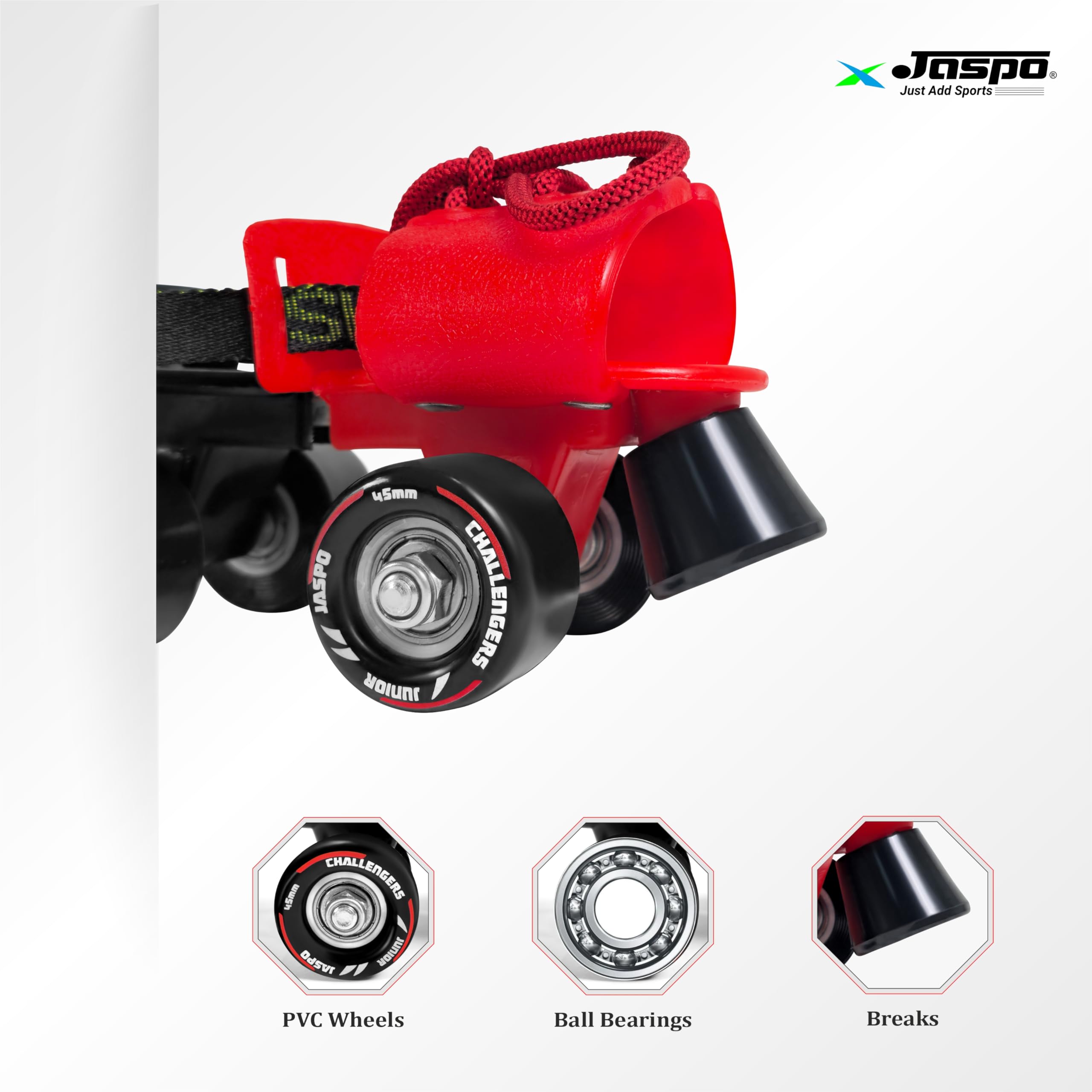 jaspo Challenger Roller Skates Indoor/Outdoor Wheel for Kids (Ages 3-7), Adjustable Fit (Foot Length 18-21 cm), Skates for Kids 3+ Years, Premium 45mm 85A PVC Wheels,Perfect Beginner Quad Skates, Red