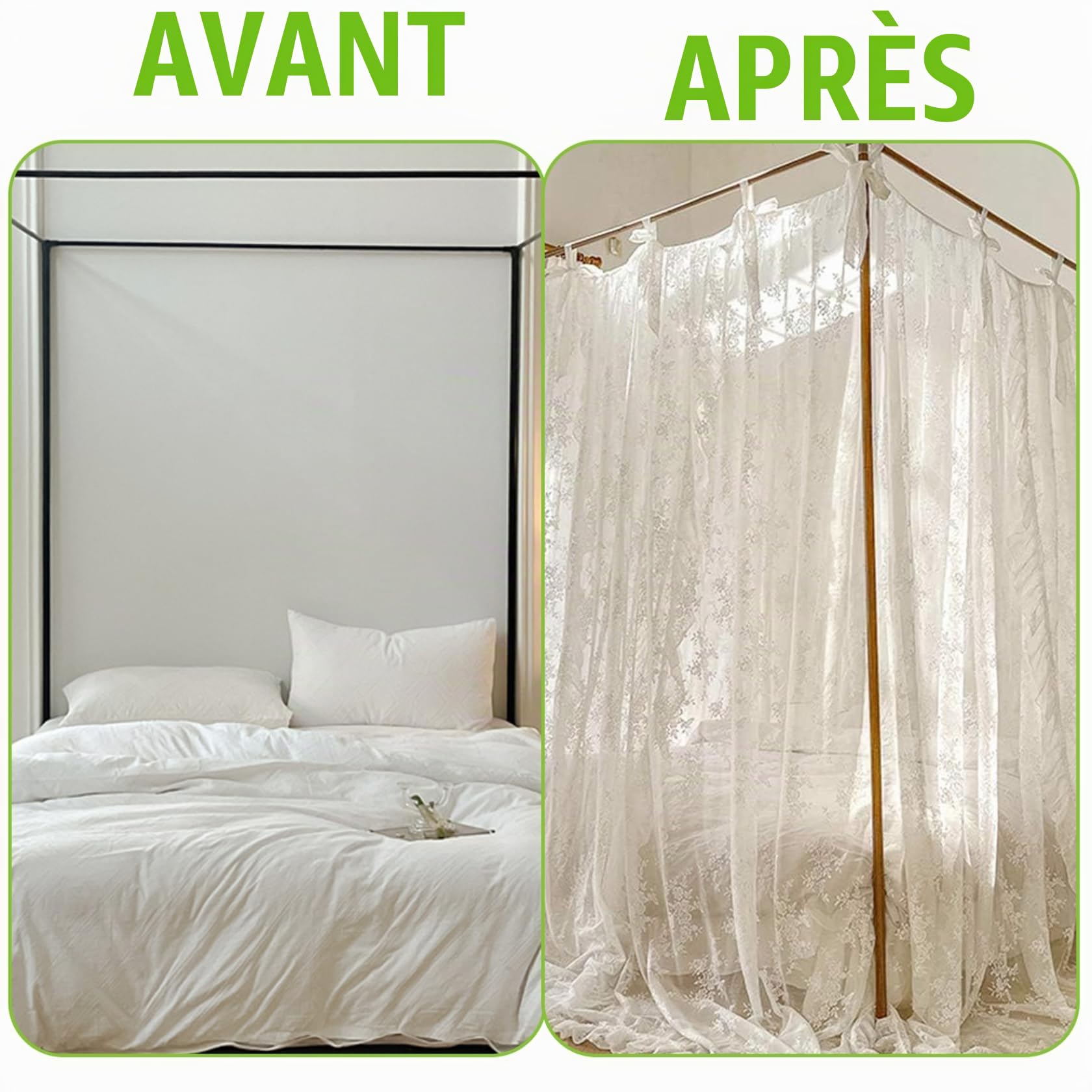 Rideaux de lit à baldaquin à Trois Ouvertures en Dentelle, Ciel de lit Princesse, 4 Coins, Rideaux Suspendus avec Attaches, Convient Une décoration Romantique Chambre Coucher 1, 5 m pou