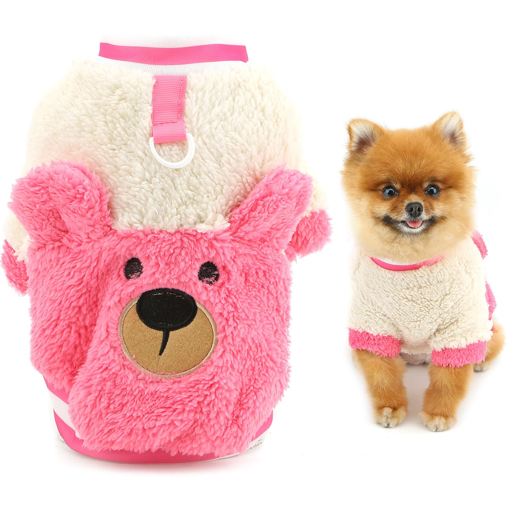 SMALLLEE_LUCKY_STORE Coral Fleece Dog Jumper with D-Ring Extra Small Puppy Sweater Pullover Vest Warm Cozy Pet Sweatshirt Winter Autumn Cute Bear Pattern Chihuahua Yorkie Cat Clothes Pink S