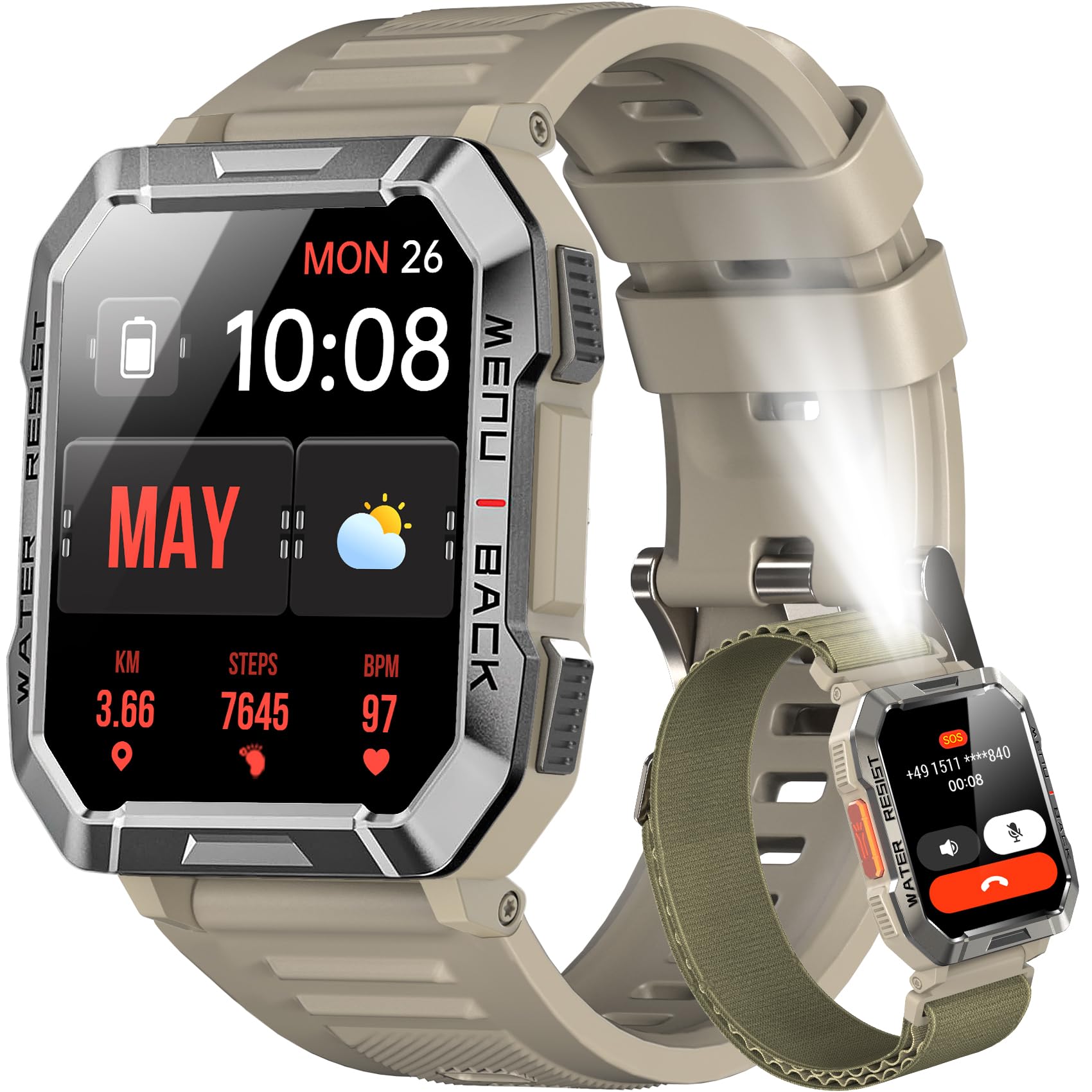 Blackview W60 Montre Connectée Homme, Fonction Ilumination, Double Bracelets, Écran 1.39" TFT, Cardiofréquence/SPO2 à 24 Heures, Analyse Sommeil, 100 Modes de Sport, pour Android/iOS (Kakhi)