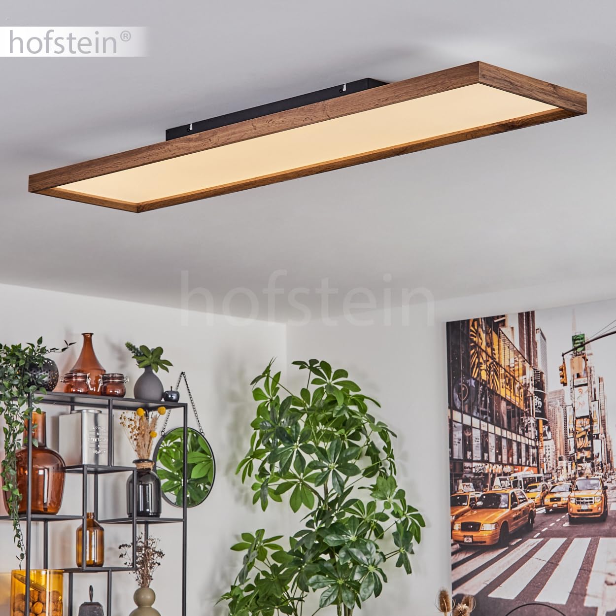 Plafón LED Longvic, plafón regulable de metal/MDF/plástico en negro/madera/blanco, 36 vatios, 350-4300 lúmenes, 2700-6500 Kelvin, 120 cm, regulable/cambio de color de la luz con mando a distancia