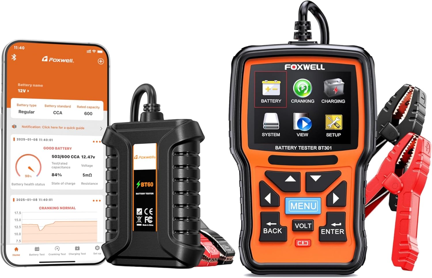 FOXWELL BT60 Car Battery Tester, 6V 12V Bluetooth Battery Load Tester & FOXWELL BT301 12V Car Battery Tester,